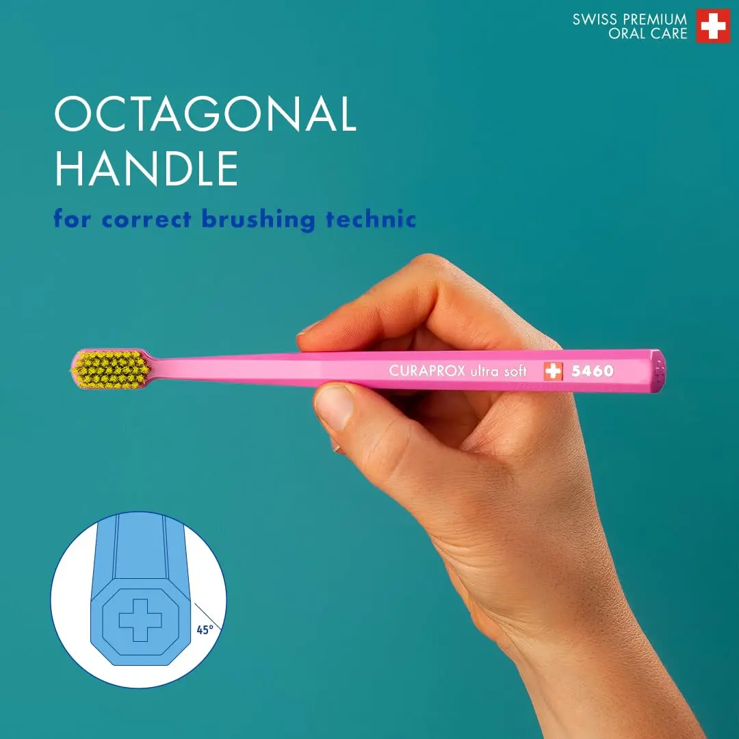 This 4-pack of Curaprox ultra-soft toothbrushes features 5460 CUREN filaments for gentle and effective plaque removal, ideal for sensitive gums.