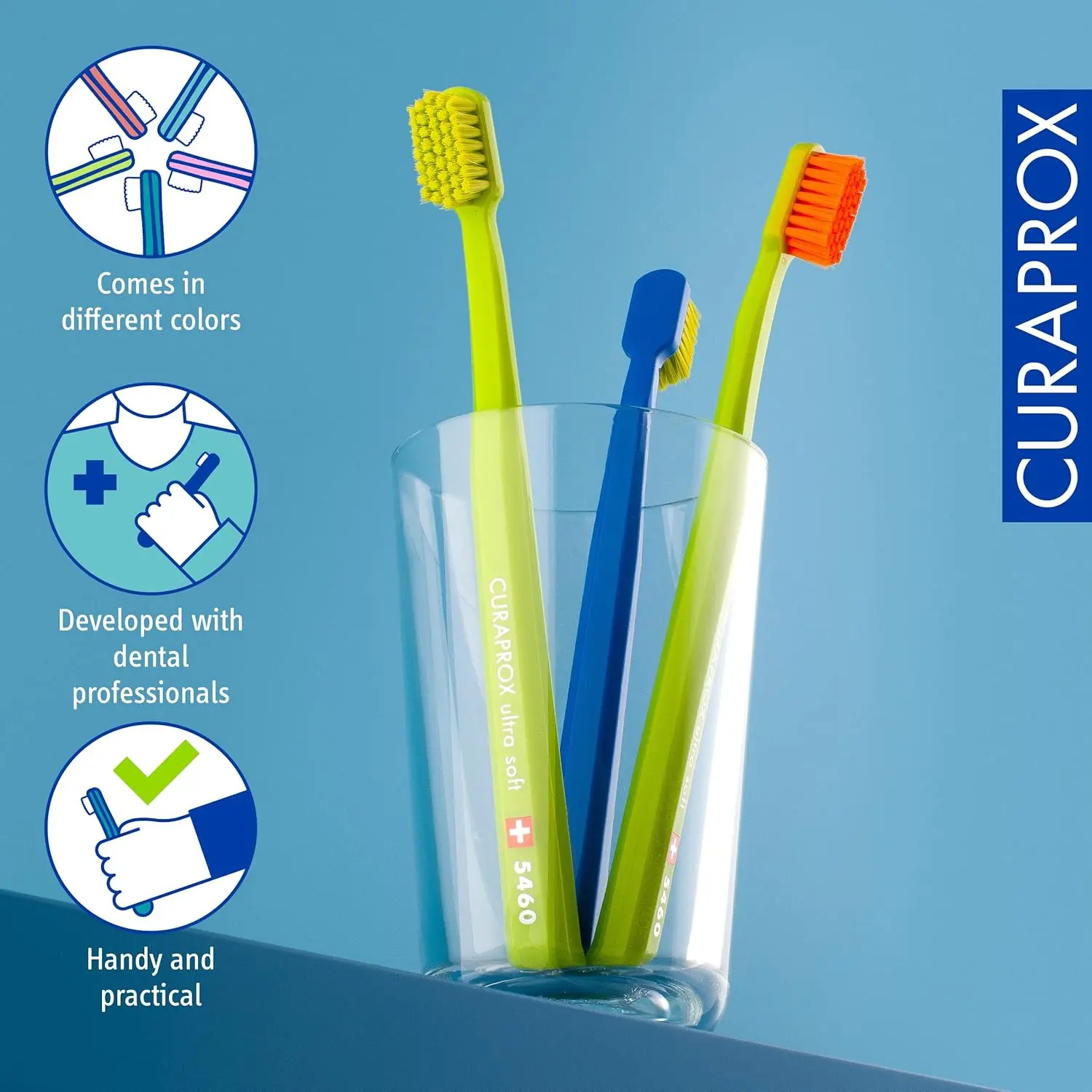 This image shows a six-pack of Curaprox CS 5460 ultra-soft toothbrushes with densely packed CUREN bristles for gentle and effective plaque removal and gum line cleaning.