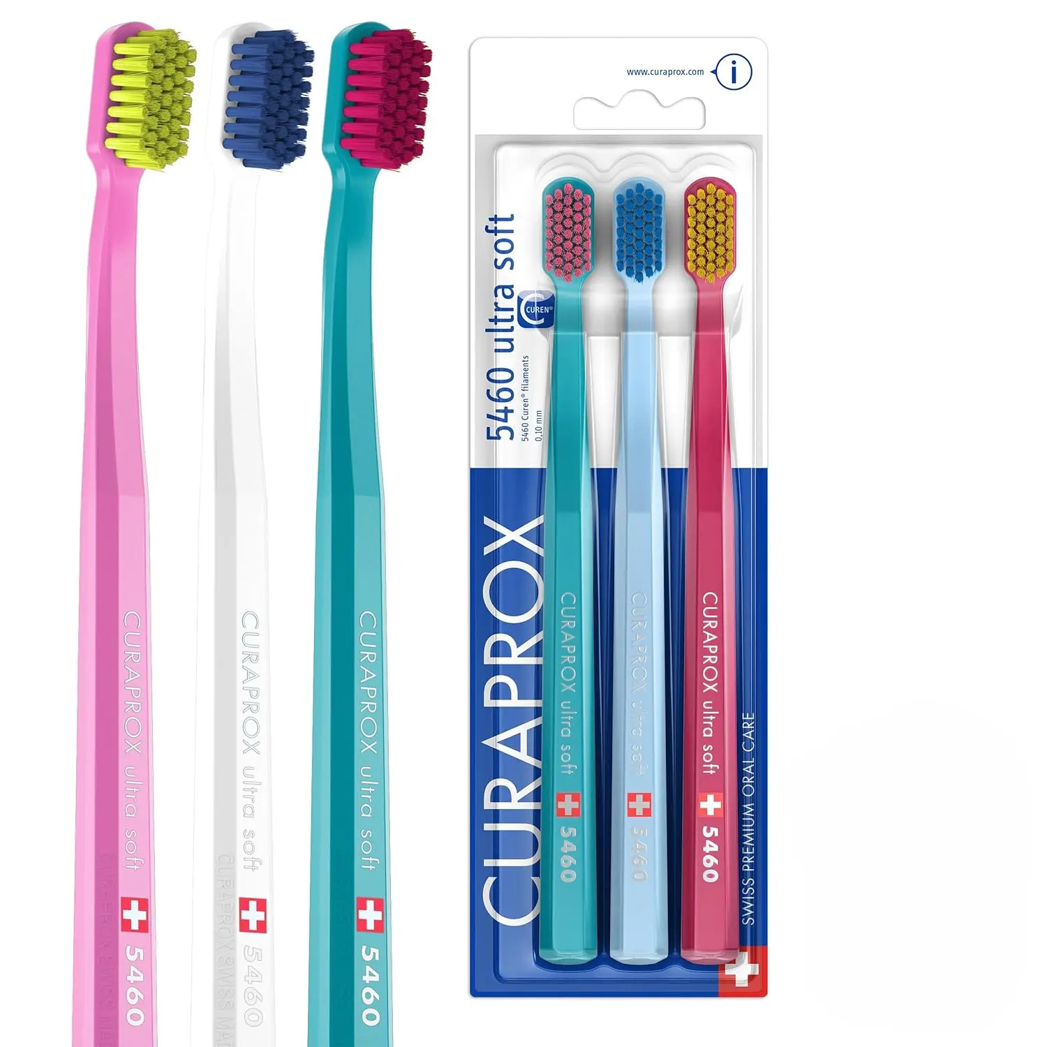 This image shows a 3-pack of Curaprox CS 5460 ultra-soft toothbrushes designed for adults, featuring 5460 CUREN bristles for gentle yet effective plaque removal, ideal for sensitive gums.