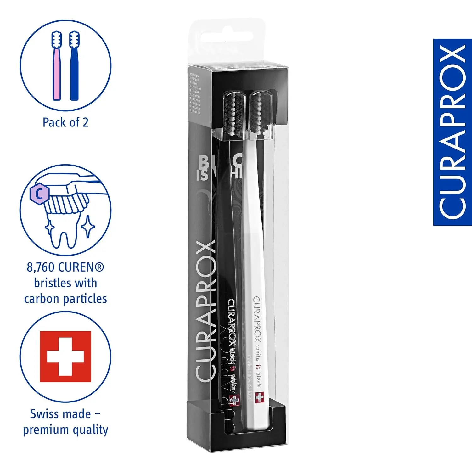 This pack contains two black and white Curaprox ultra-soft toothbrushes with 8,760 CUREN filaments for gentle yet effective plaque removal, ideal for sensitive teeth and gums.