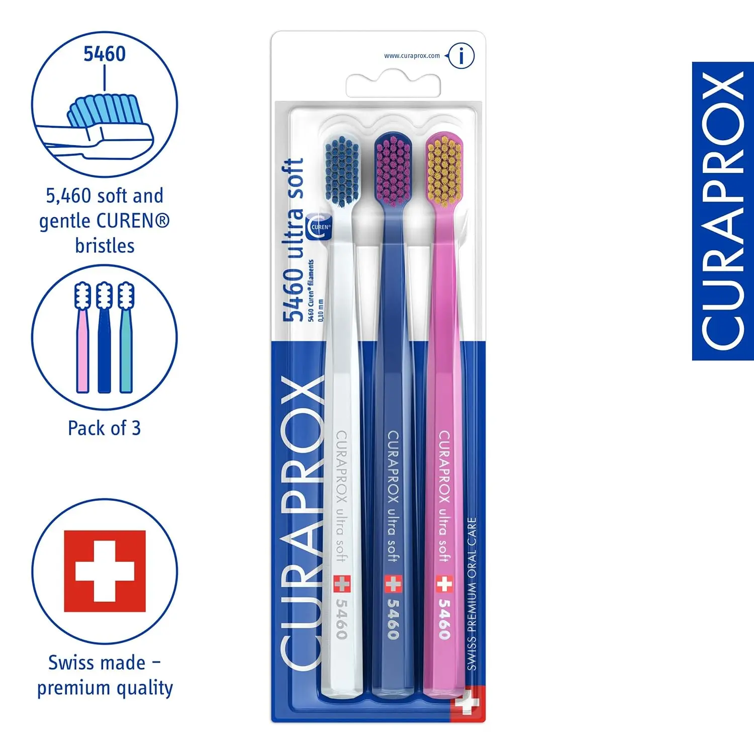 This image shows a 3-pack of Curaprox CS 5460 ultra-soft toothbrushes designed for adults, featuring 5460 CUREN bristles for gentle yet effective plaque removal, ideal for sensitive gums.
