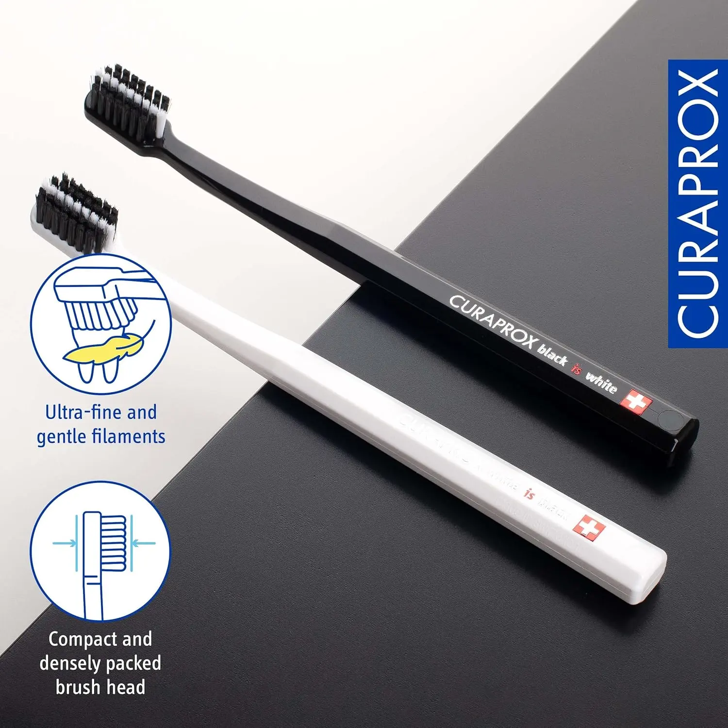 This pack contains two black and white Curaprox ultra-soft toothbrushes with 8,760 CUREN filaments for gentle yet effective plaque removal, ideal for sensitive teeth and gums.