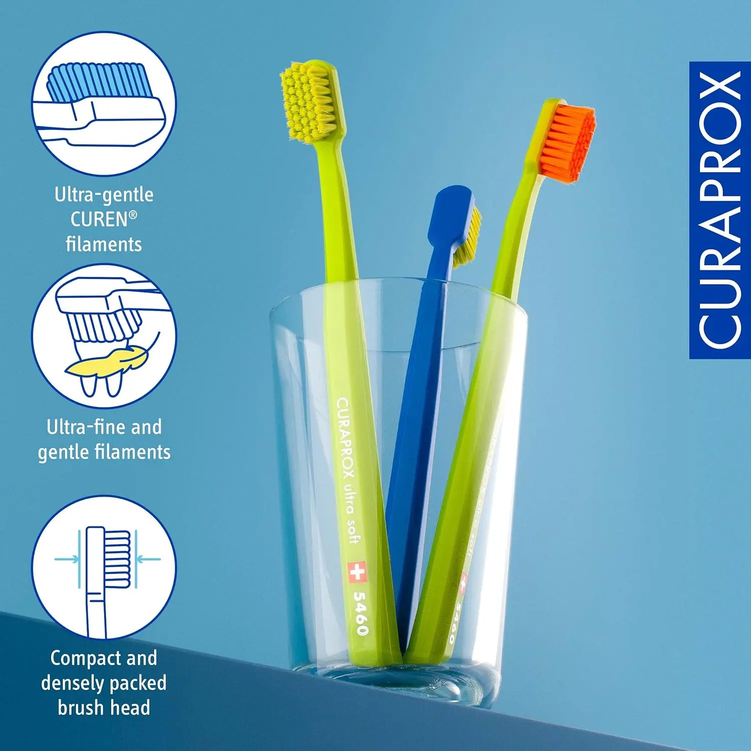 This image shows a 3-pack of Curaprox CS 5460 ultra-soft toothbrushes designed for adults, featuring 5460 CUREN bristles for gentle yet effective plaque removal, ideal for sensitive gums.