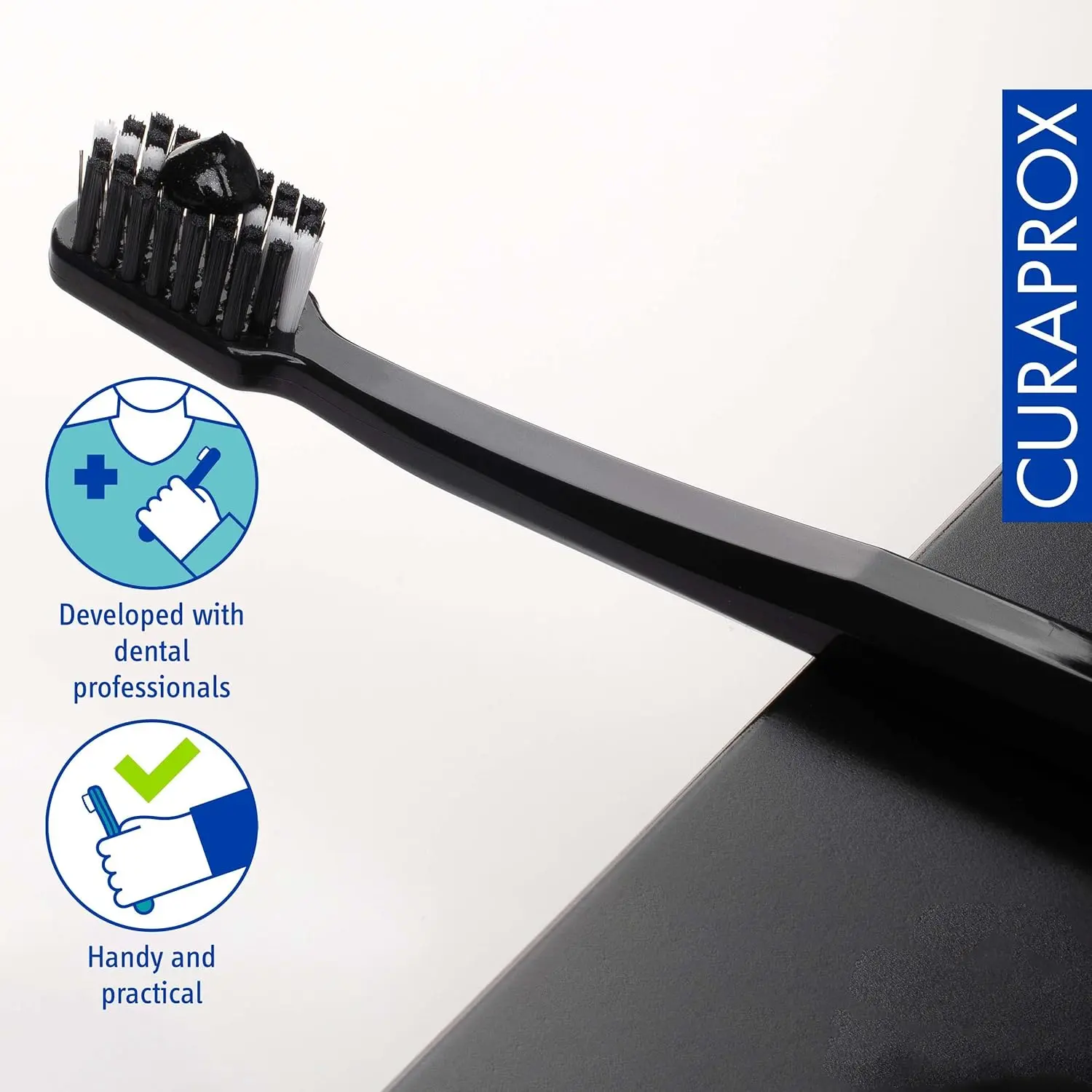 This pack contains two black and white Curaprox ultra-soft toothbrushes with 8,760 CUREN filaments for gentle yet effective plaque removal, ideal for sensitive teeth and gums.