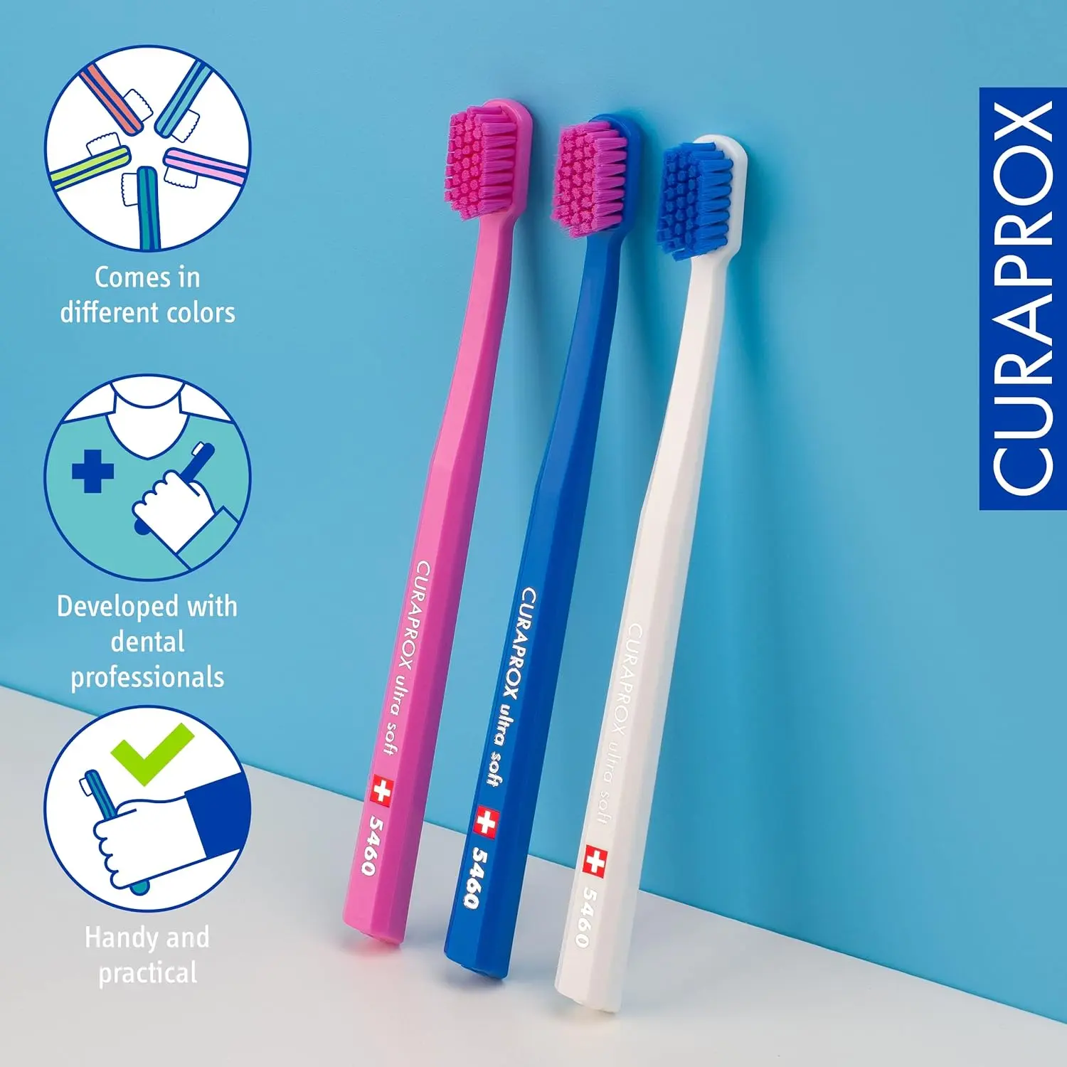 This image shows a 3-pack of Curaprox CS 5460 ultra-soft toothbrushes designed for adults, featuring 5460 CUREN bristles for gentle yet effective plaque removal, ideal for sensitive gums.