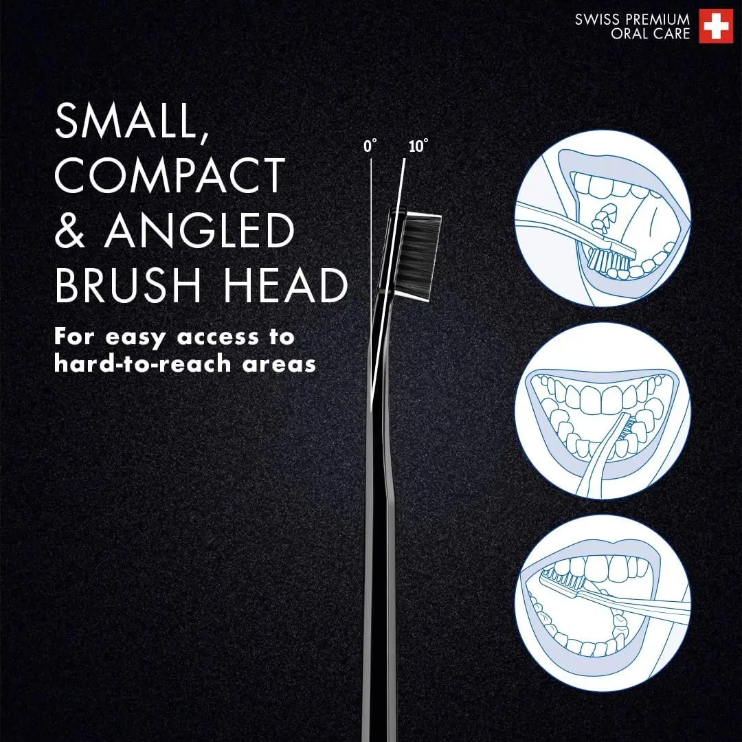 This pack contains two black and white Curaprox ultra-soft toothbrushes with 8,760 CUREN filaments for gentle yet effective plaque removal, ideal for sensitive teeth and gums.