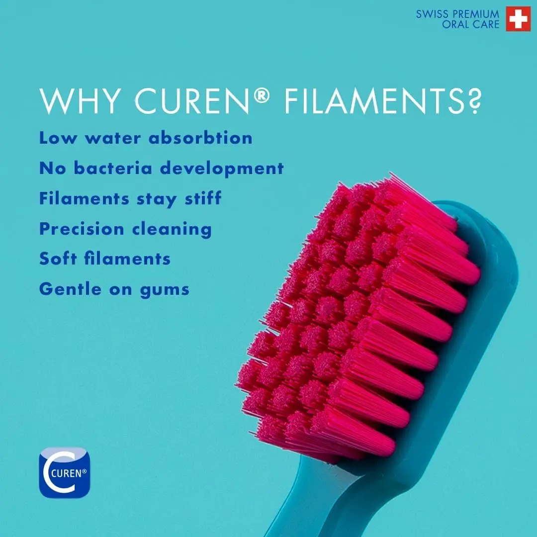 This image shows a 3-pack of Curaprox CS 5460 ultra-soft toothbrushes designed for adults, featuring 5460 CUREN bristles for gentle yet effective plaque removal, ideal for sensitive gums.