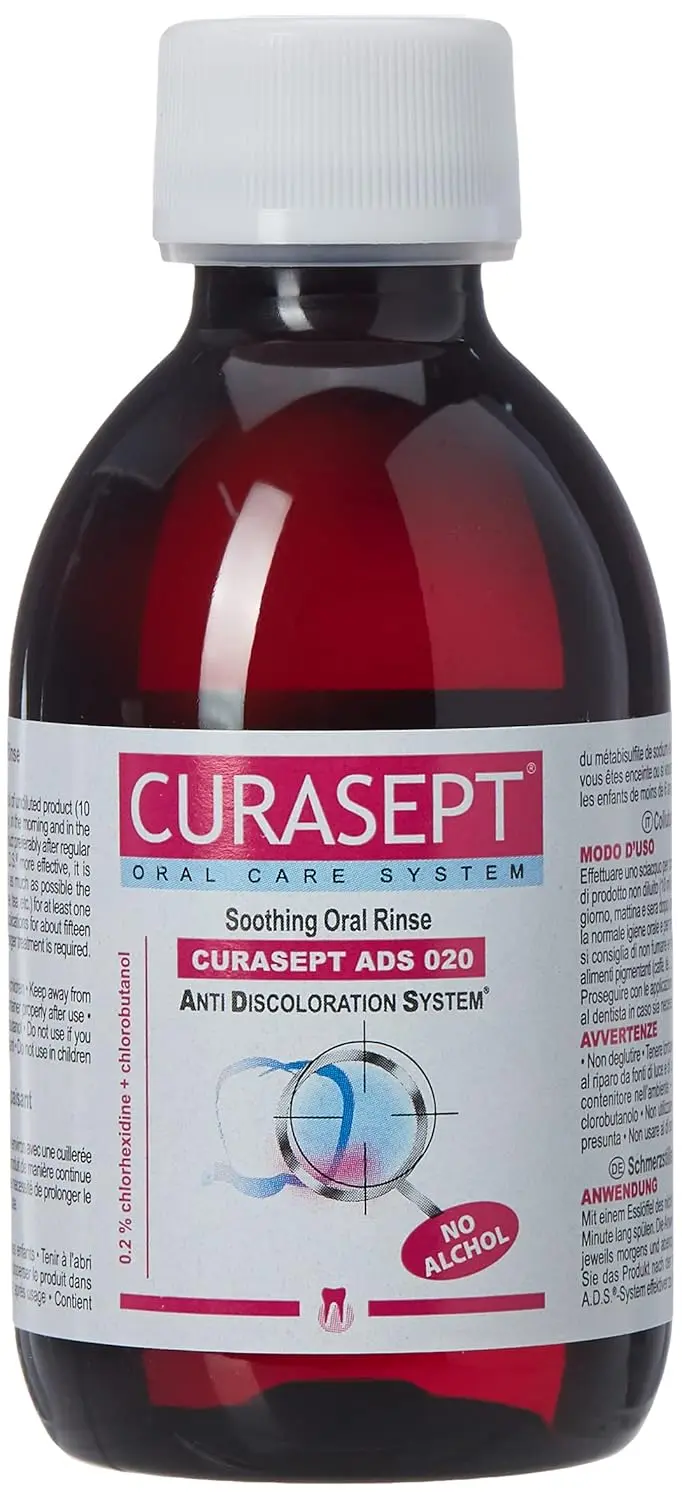 Curasept Ads 020 mouthwash helps soothe oral irritation, fights plaque with chlorhexidine, and promotes healthy gums.