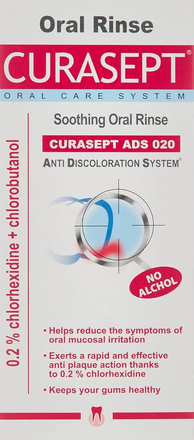 Curasept Ads 020 mouthwash helps soothe oral irritation, fights plaque with chlorhexidine, and promotes healthy gums.