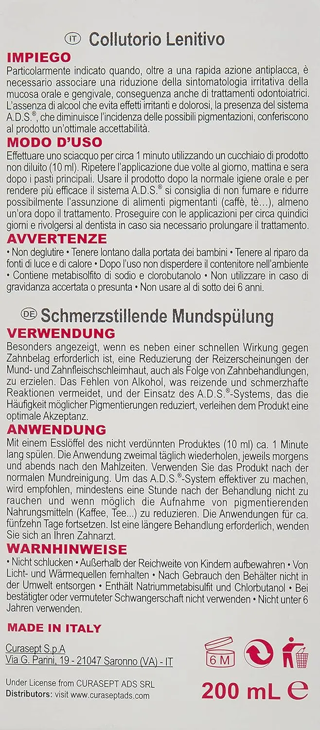 Curasept Ads 020 mouthwash helps soothe oral irritation, fights plaque with chlorhexidine, and promotes healthy gums.