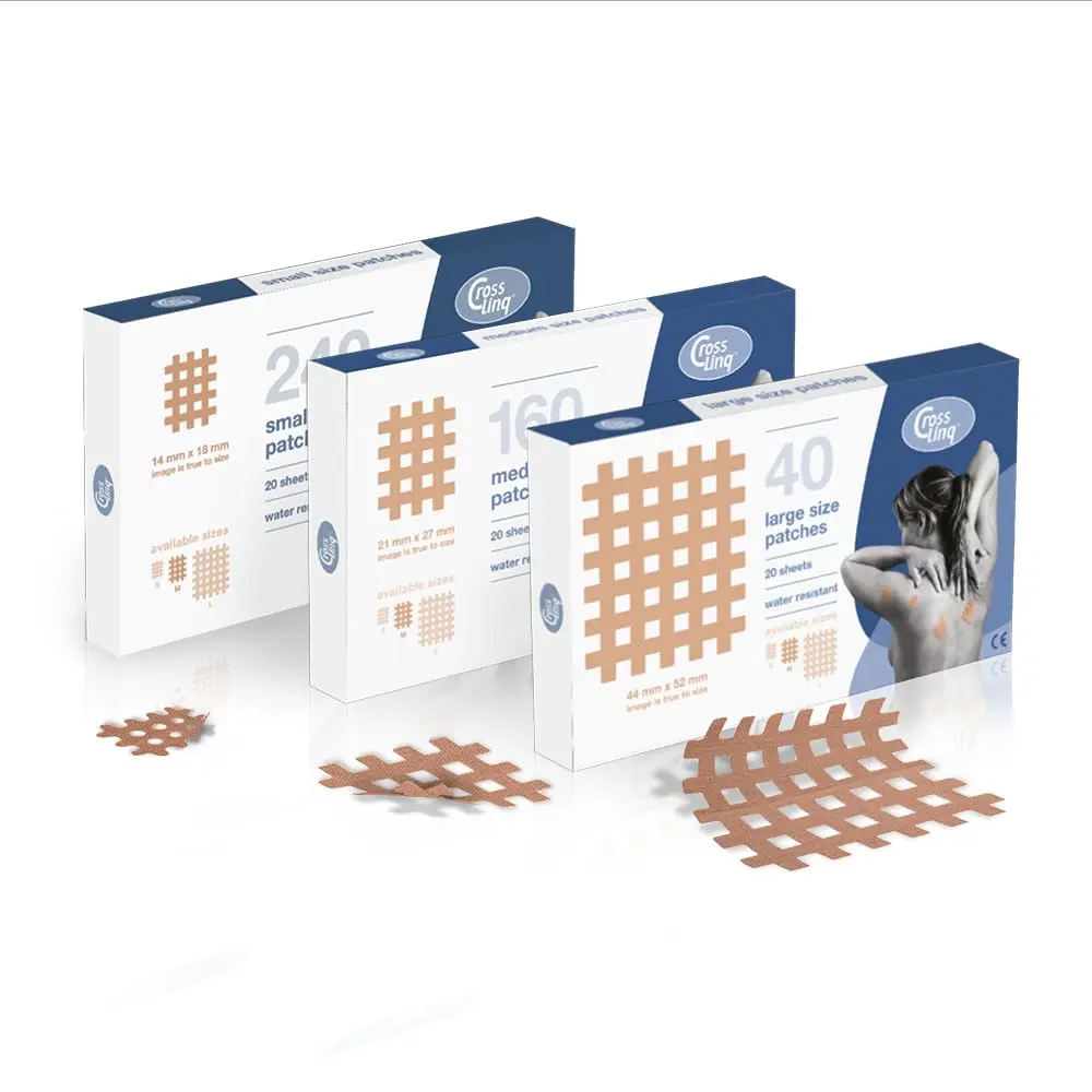 Beige CureTape CrossLinq acupressure patches provide targeted relief for body pain and discomfort, promoting natural scar healing.