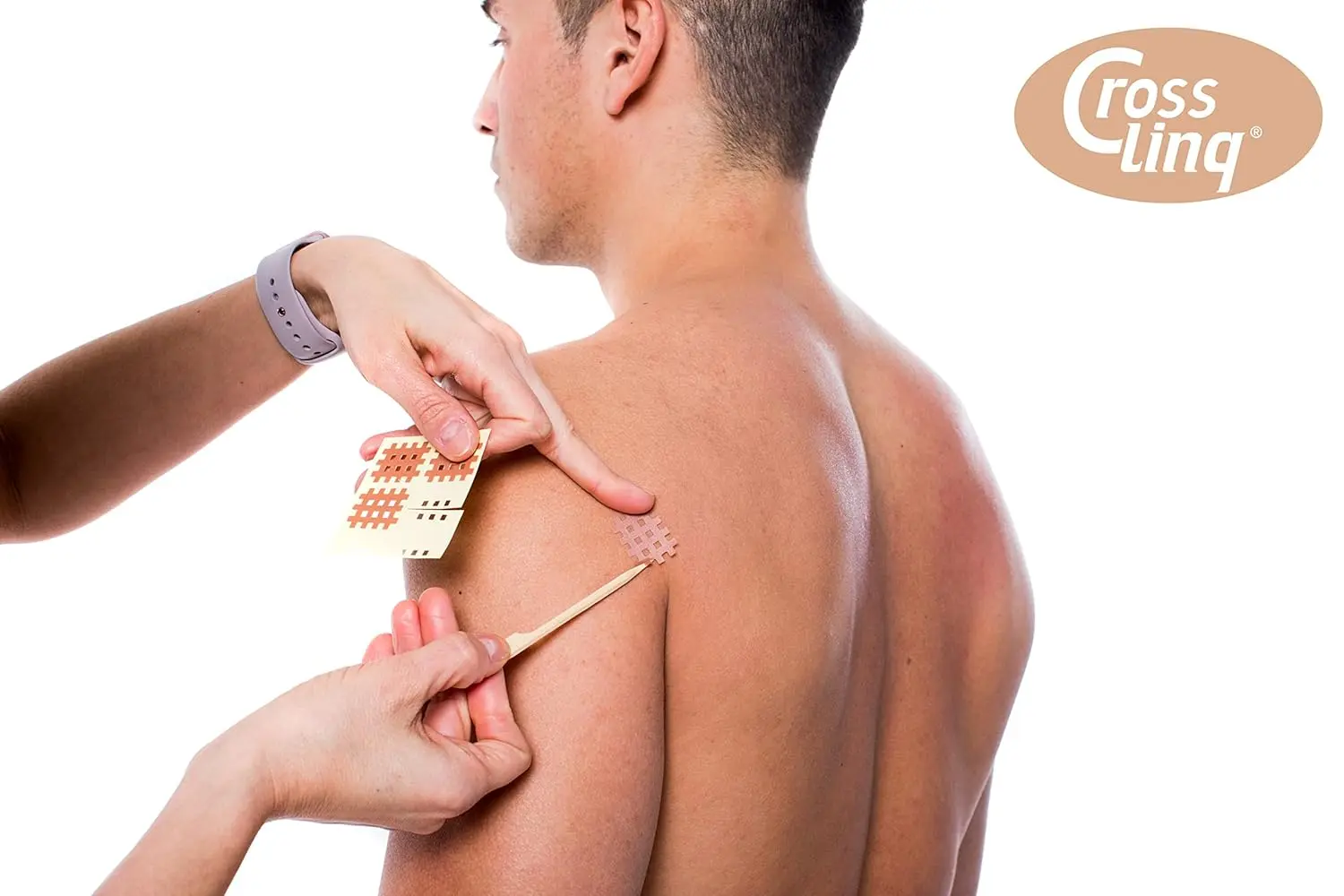 Beige CureTape CrossLinq acupressure patches provide targeted relief for body pain and discomfort, promoting natural scar healing.