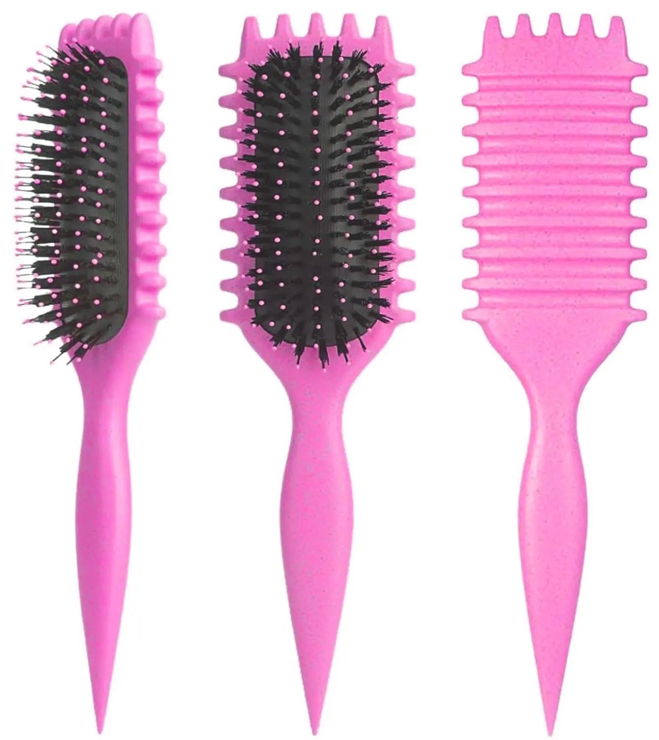 This pink curl defining brush is designed with an ergonomic handle and special bristles to easily detangle, shape, and style curly hair, restoring natural shine and reducing frizz.