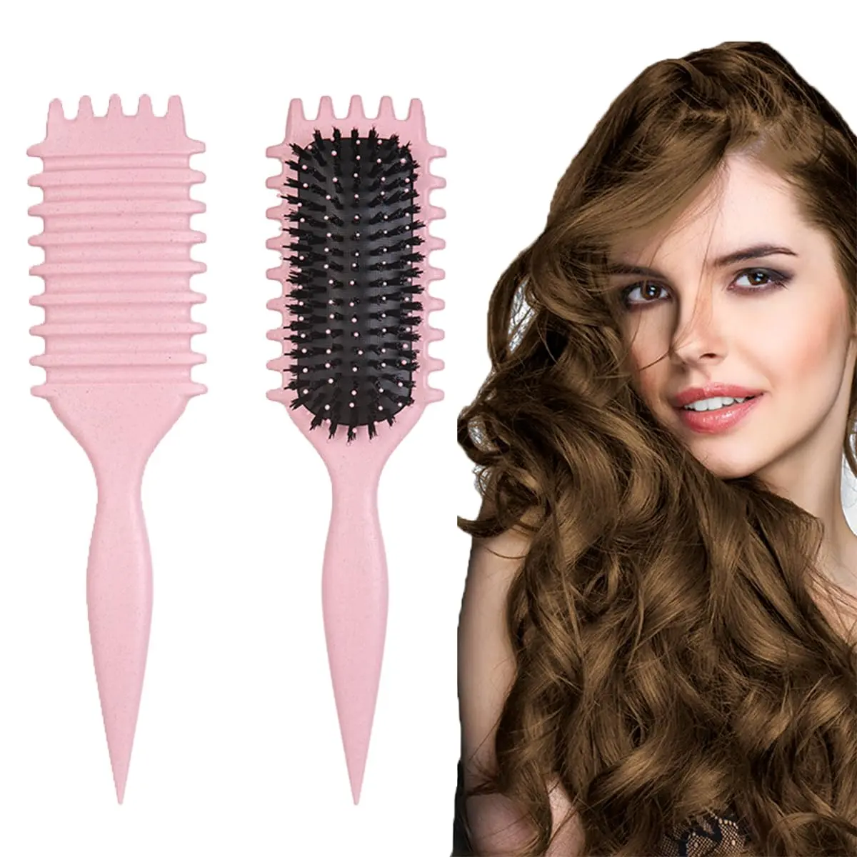 This pink curl defining brush is designed with an ergonomic handle and open vent for effortless styling, detangling, and shaping of all curl types.