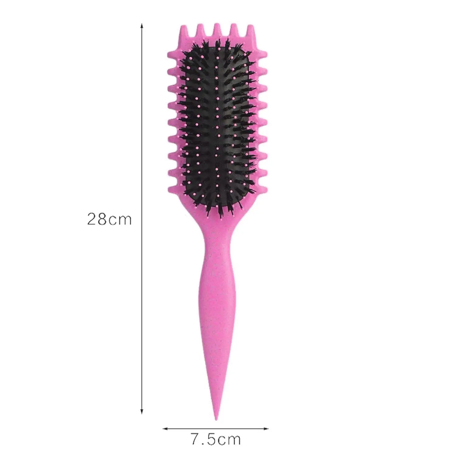 This pink curl defining brush is designed with an ergonomic handle and special bristles to easily detangle, shape, and style curly hair, restoring natural shine and reducing frizz.
