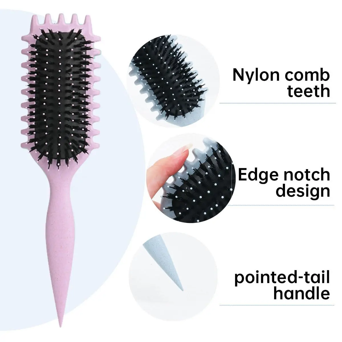 This pink curl defining brush is designed with an ergonomic handle and open vent for effortless styling, detangling, and shaping of all curl types.