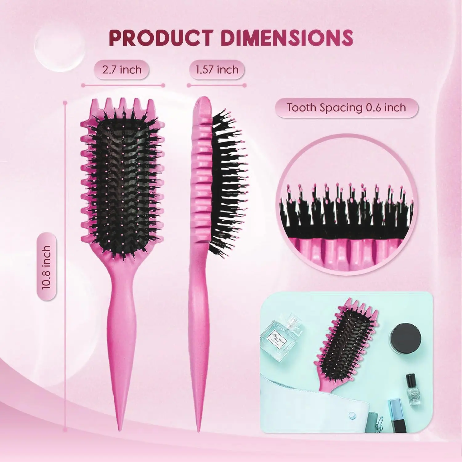 This pink curl defining brush is designed with an ergonomic handle and special bristles to easily detangle, shape, and style curly hair, restoring natural shine and reducing frizz.