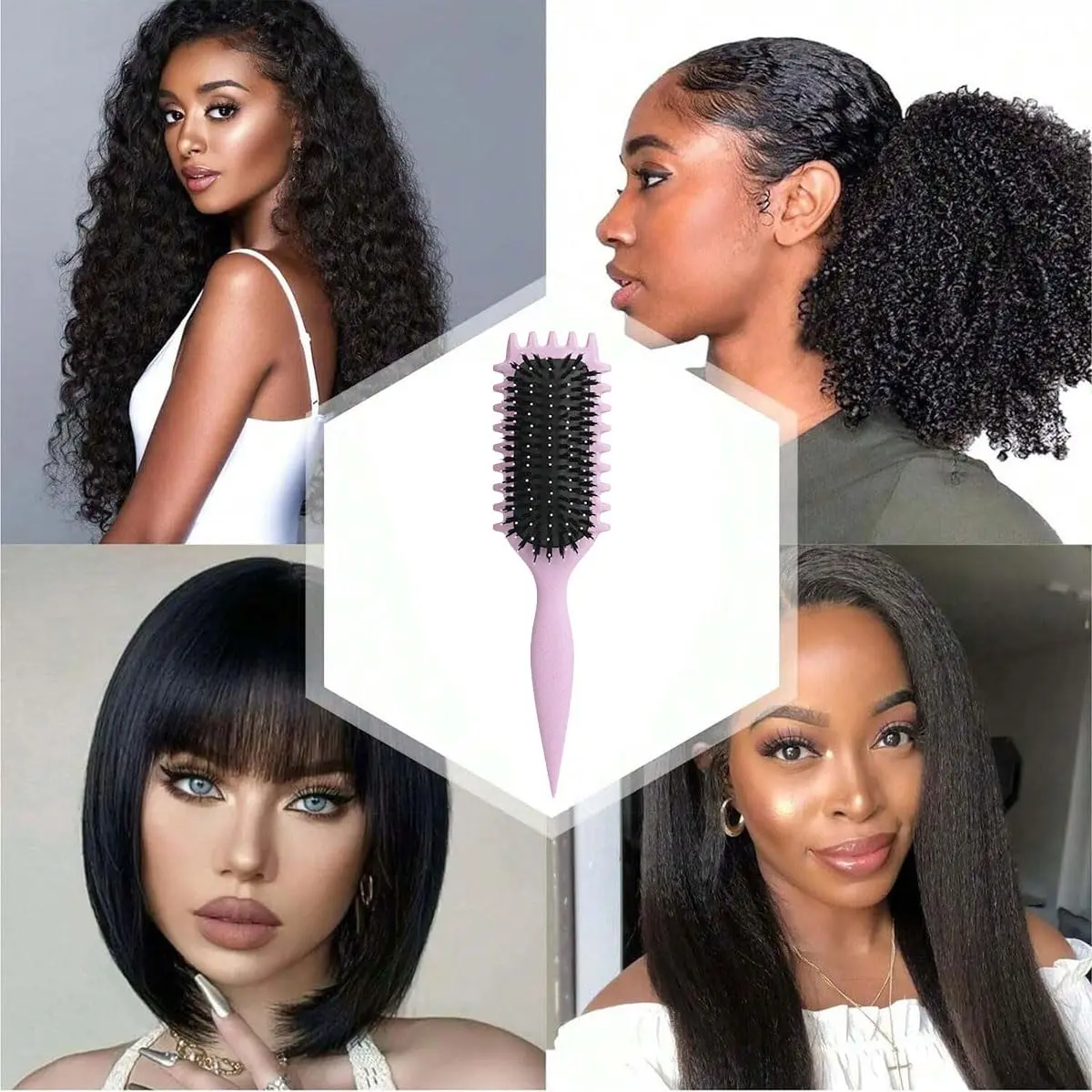 This pink curl defining brush is designed with an ergonomic handle and open vent for effortless styling, detangling, and shaping of all curl types.