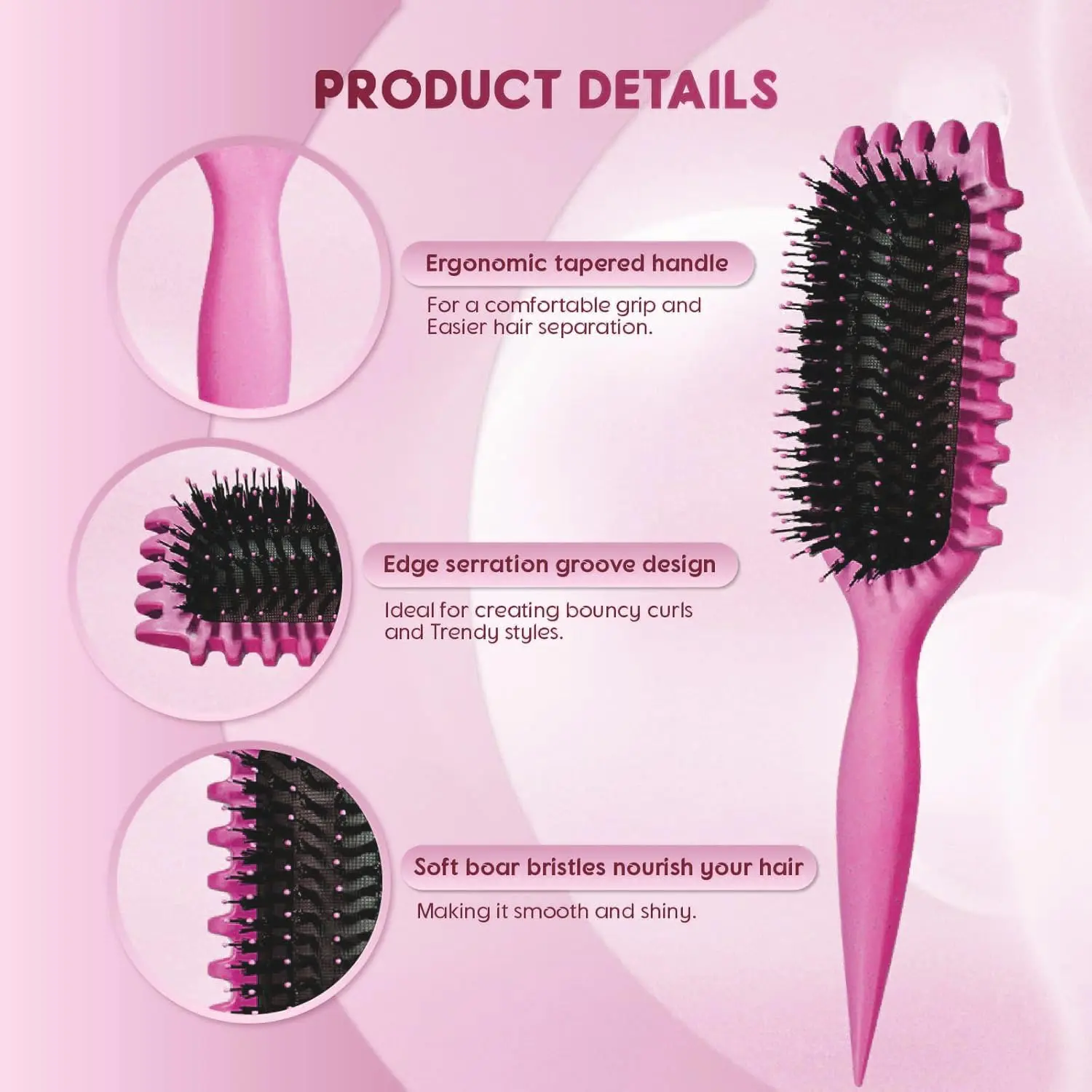 This pink curl defining brush is designed with an ergonomic handle and special bristles to easily detangle, shape, and style curly hair, restoring natural shine and reducing frizz.