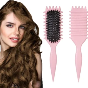 This pink curl defining brush is designed for styling, defining, and smoothing curly hair of all types with heat-resistant, ergonomic bristles.