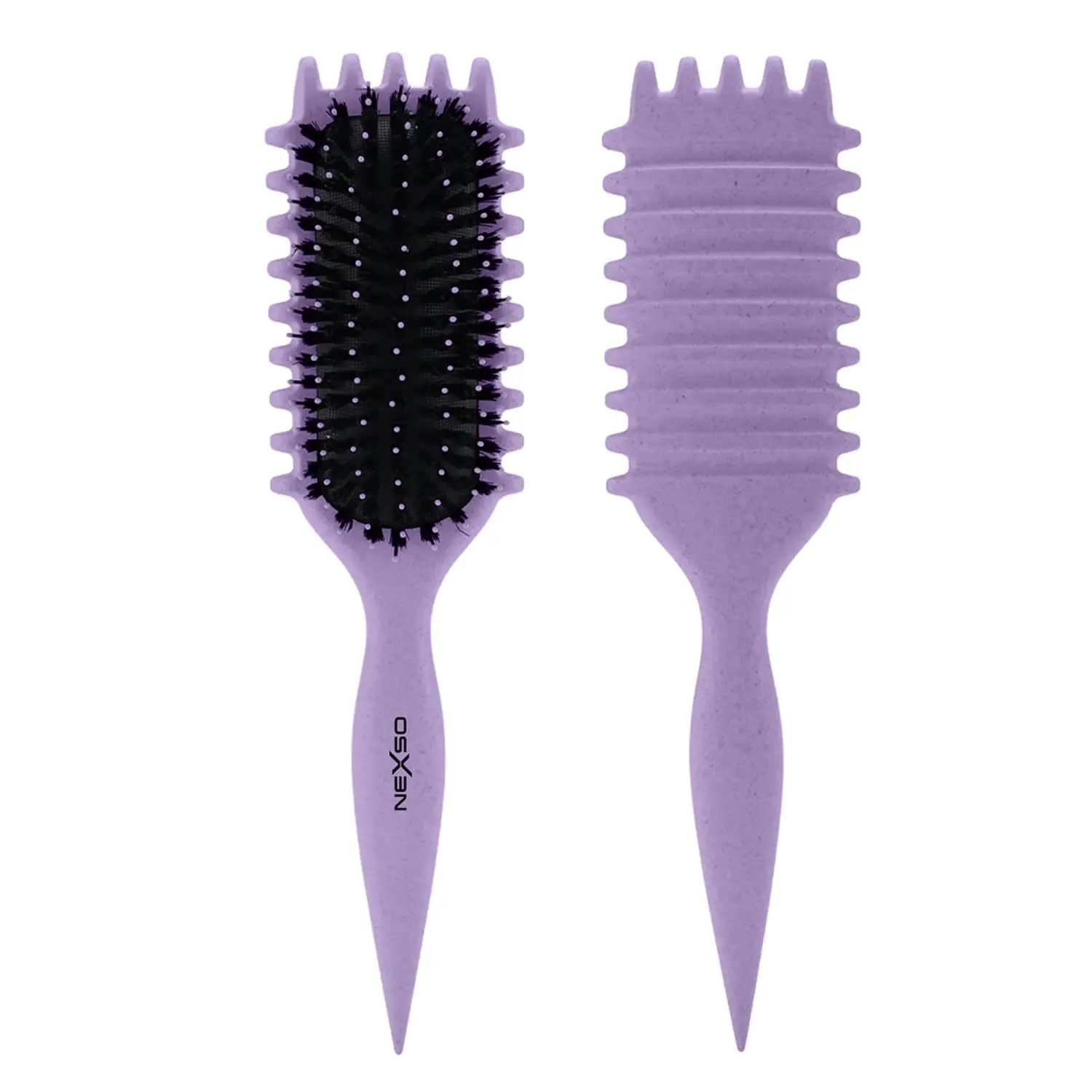 Purple curl defining hair brush with heat-resistant nylon bristles and ergonomic non-slip handle, perfect for detangling and styling all hair types.