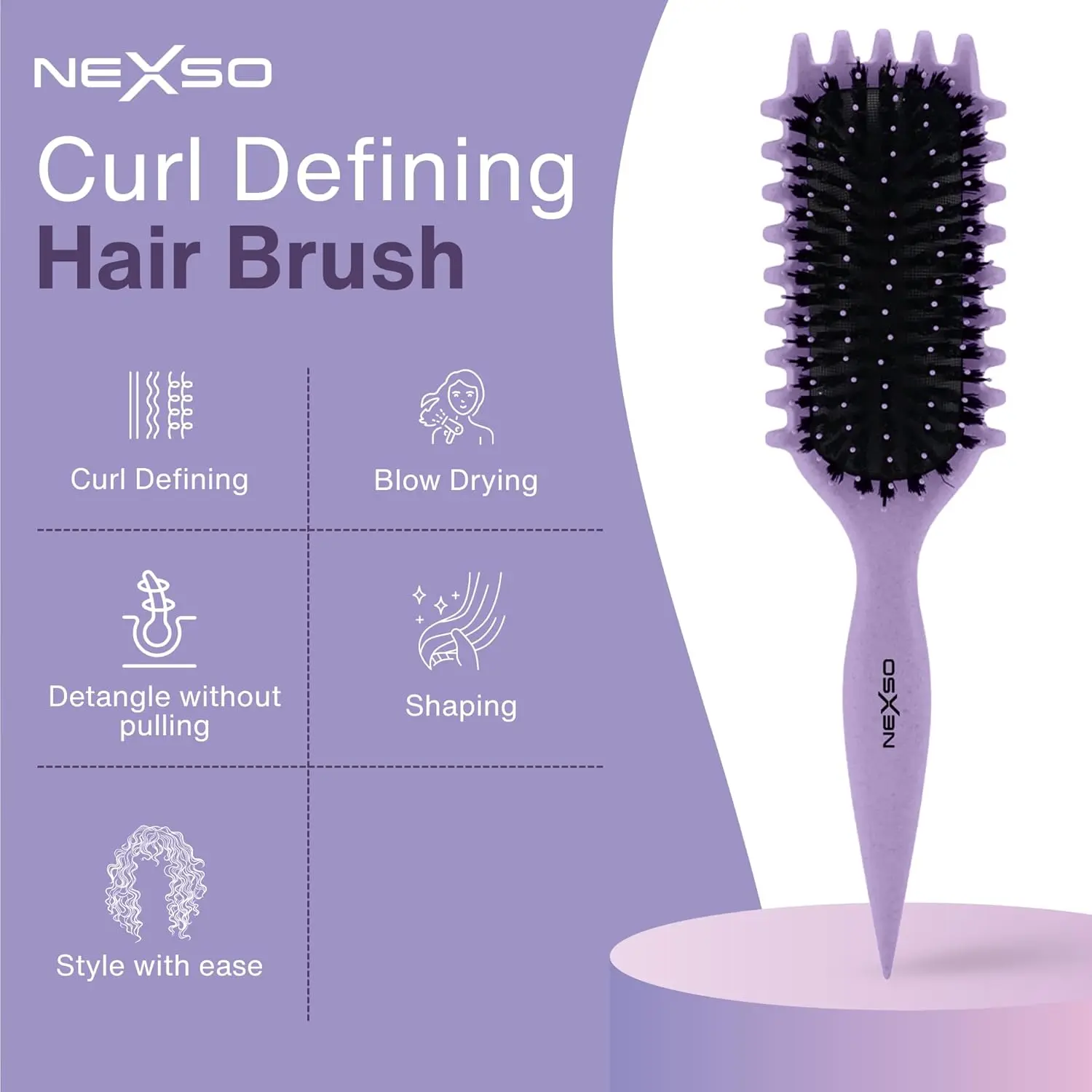 Purple curl defining hair brush with heat-resistant nylon bristles and ergonomic non-slip handle, perfect for detangling and styling all hair types.