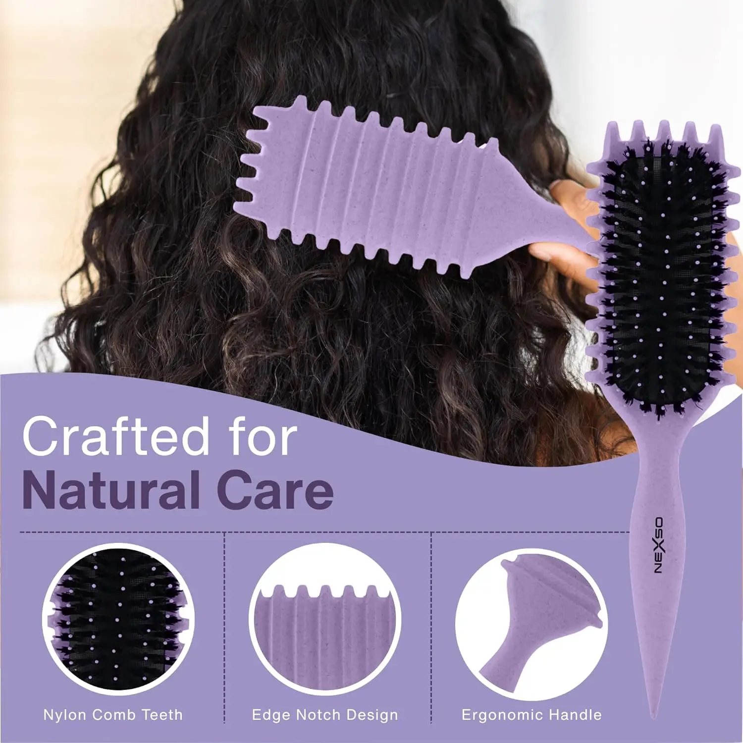 Purple curl defining hair brush with heat-resistant nylon bristles and ergonomic non-slip handle, perfect for detangling and styling all hair types.
