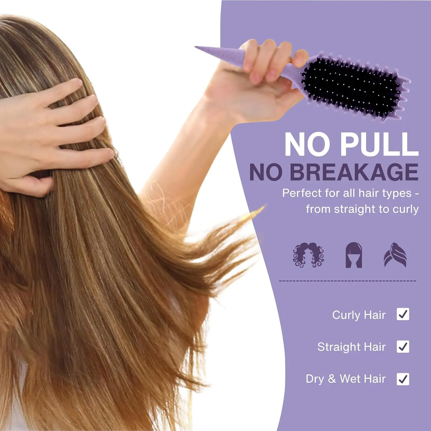Purple curl defining hair brush with heat-resistant nylon bristles and ergonomic non-slip handle, perfect for detangling and styling all hair types.