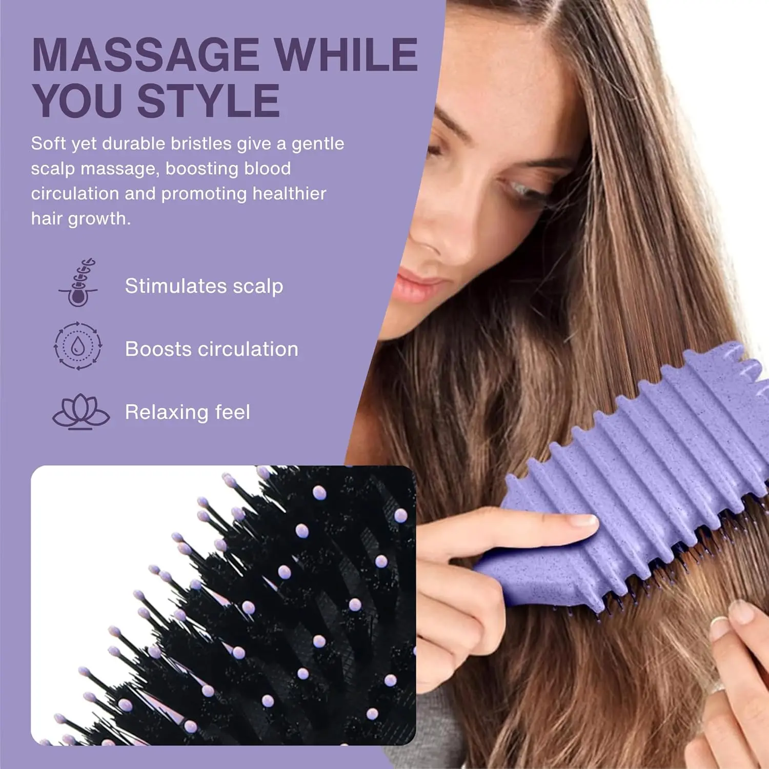 Purple curl defining hair brush with heat-resistant nylon bristles and ergonomic non-slip handle, perfect for detangling and styling all hair types.