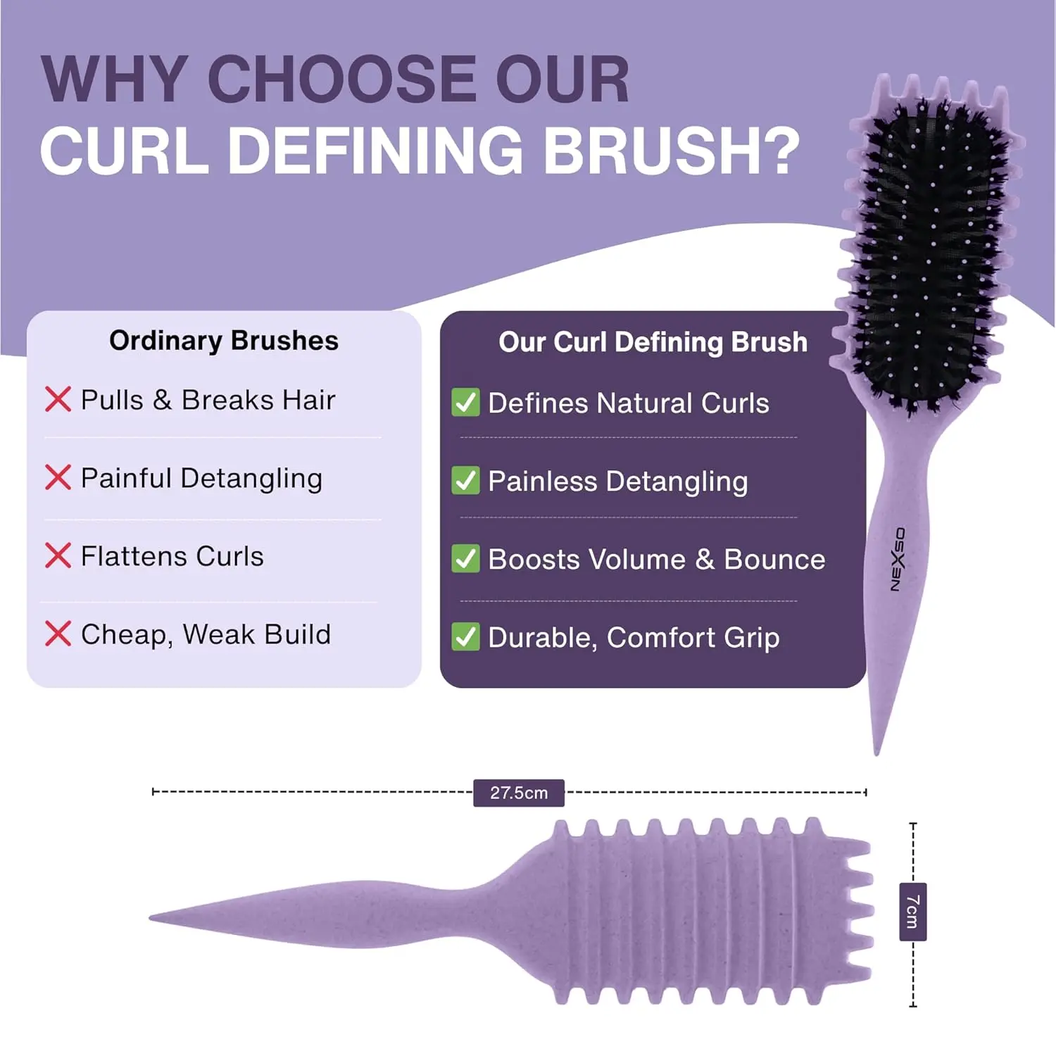 Purple curl defining hair brush with heat-resistant nylon bristles and ergonomic non-slip handle, perfect for detangling and styling all hair types.