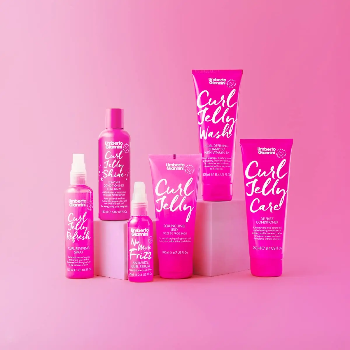 Umberto Giannini Your Best Curls Wash and Styling Curl Jelly Gift Set includes vegan and cruelty-free shampoo, conditioner, scrunching jelly and refresh spray for enhancing waves, curls, and coils by banishing frizz and adding shine.