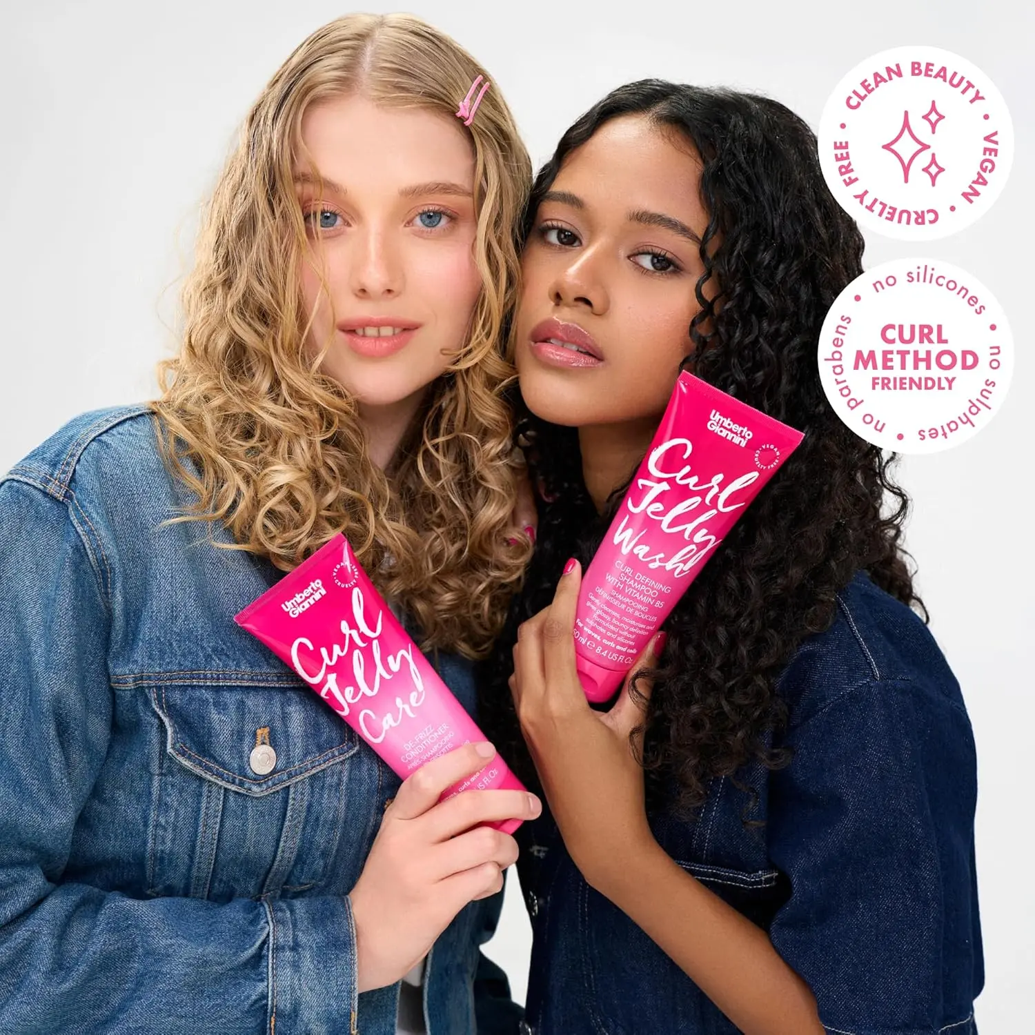 Umberto Giannini Your Best Curls Wash and Styling Curl Jelly Gift Set includes vegan and cruelty-free shampoo, conditioner, scrunching jelly and refresh spray for enhancing waves, curls, and coils by banishing frizz and adding shine.