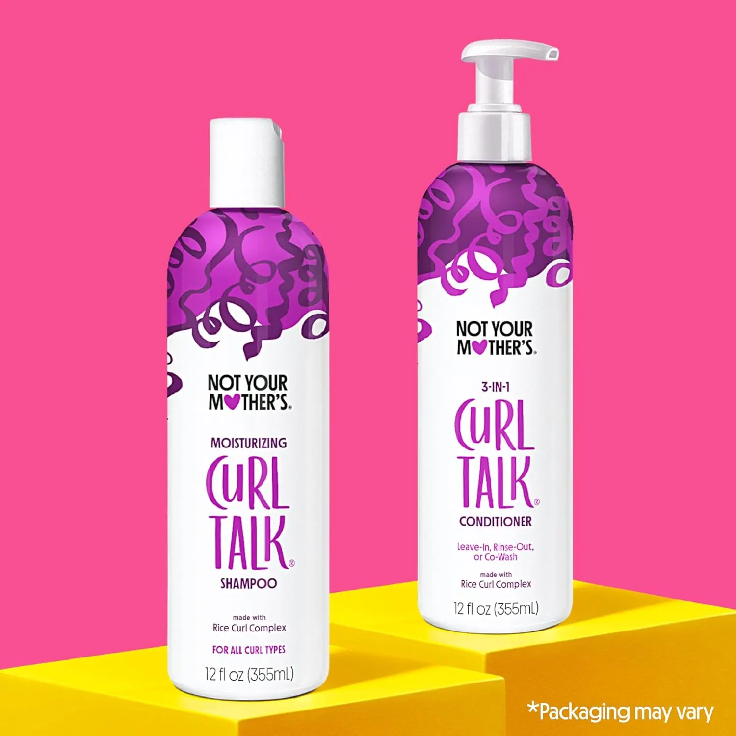 Not Your Mother's Curl Talk shampoo and conditioner set with rice curl complex hydrates, conditions, protects, and enhances curls while being sulfate and silicone-free.