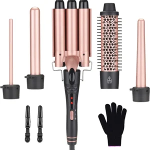 This 5-in-1 curling wand set includes five interchangeable ceramic barrels ranging from 9mm to 32mm, plus a heat protective glove and two clips for creating a variety of curls.