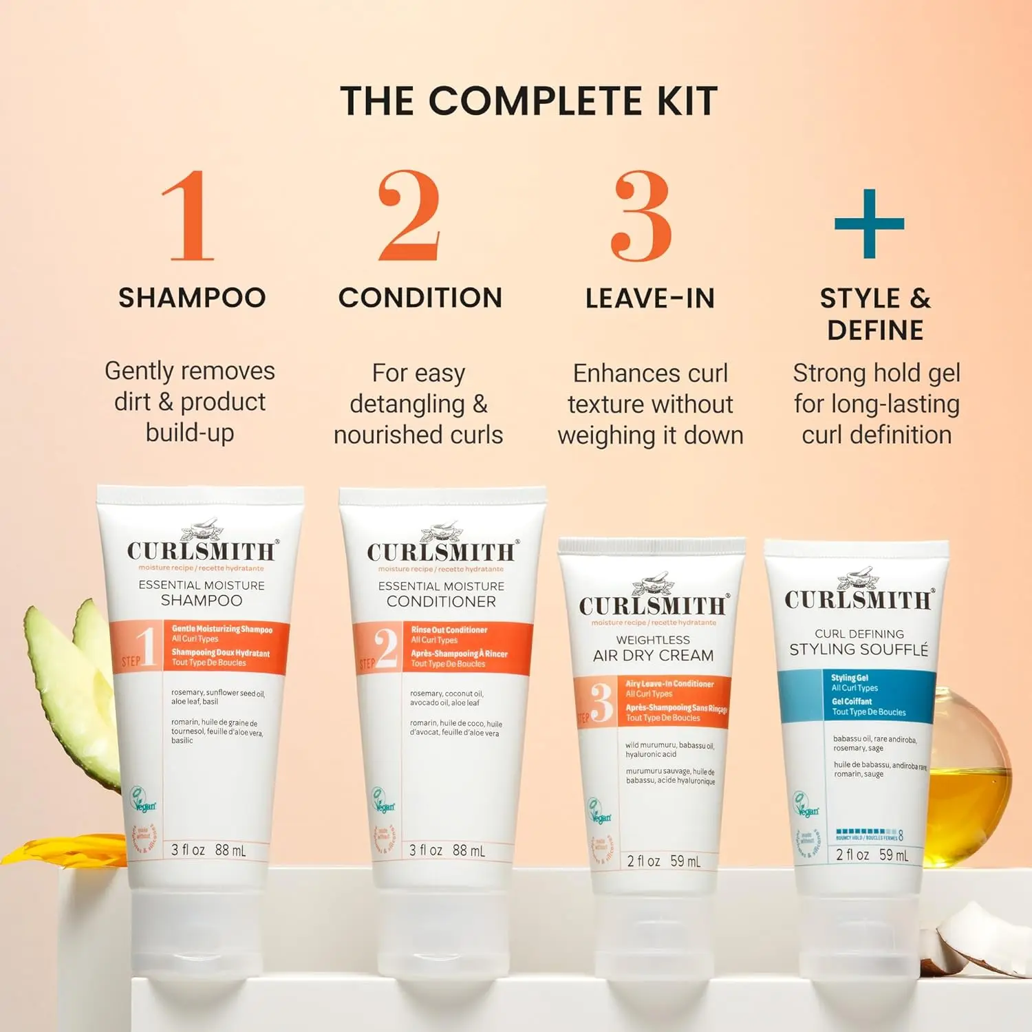 The Curlsmith Curl Discovery Kit contains mini travel-sized shampoo, conditioner, leave-in cream, and styling soufflé to hydrate, define, and moisturize all curl types and textures while on the go.