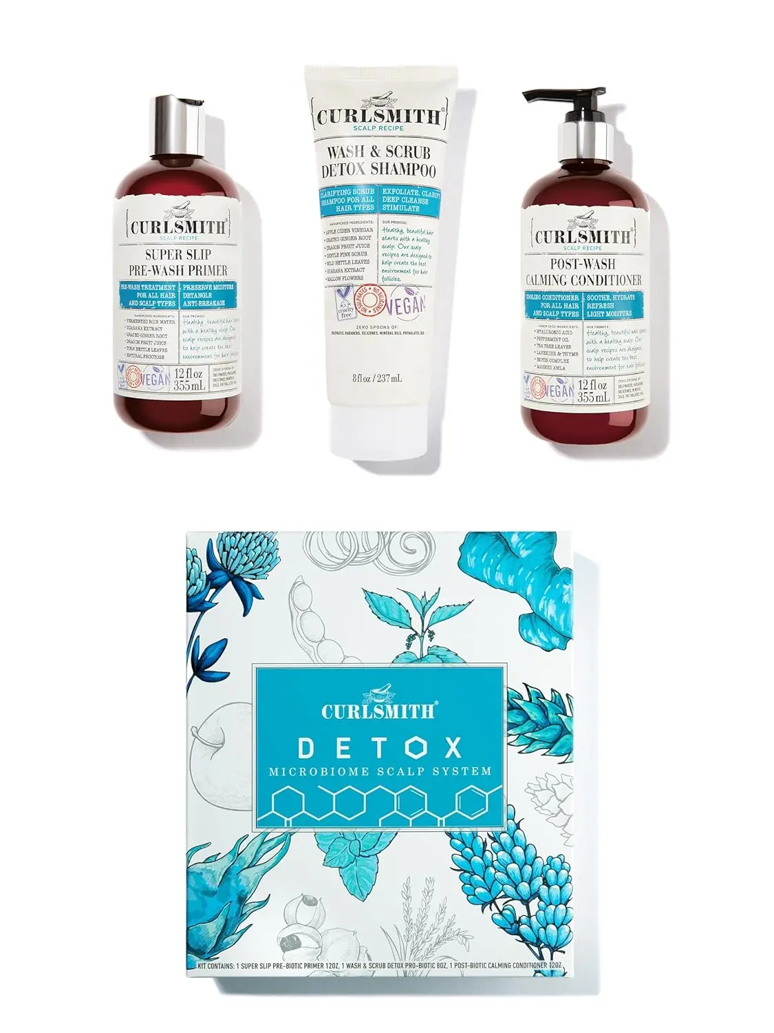 Curlsmith Detox Kit includes three vegan microbiome scalp products: Primer, Wash & Scrub, and Calming Conditioner, ideal for clarifying any hair type.