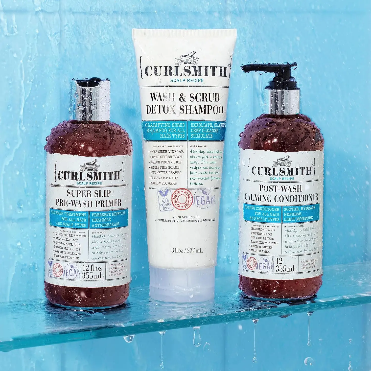 Curlsmith Detox Kit includes three vegan microbiome scalp products: Primer, Wash & Scrub, and Calming Conditioner, ideal for clarifying any hair type.