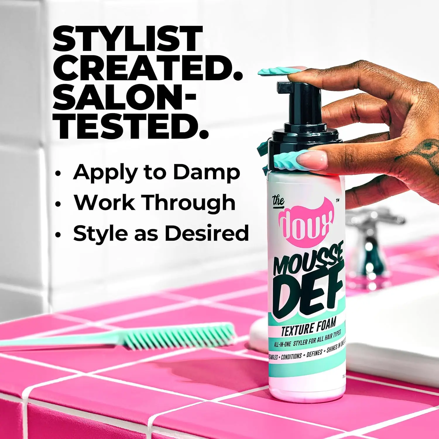 The Doux multi-use mousse defines, styles, and conditions natural and African hair, adding volume and shine without stiffness or frizz.