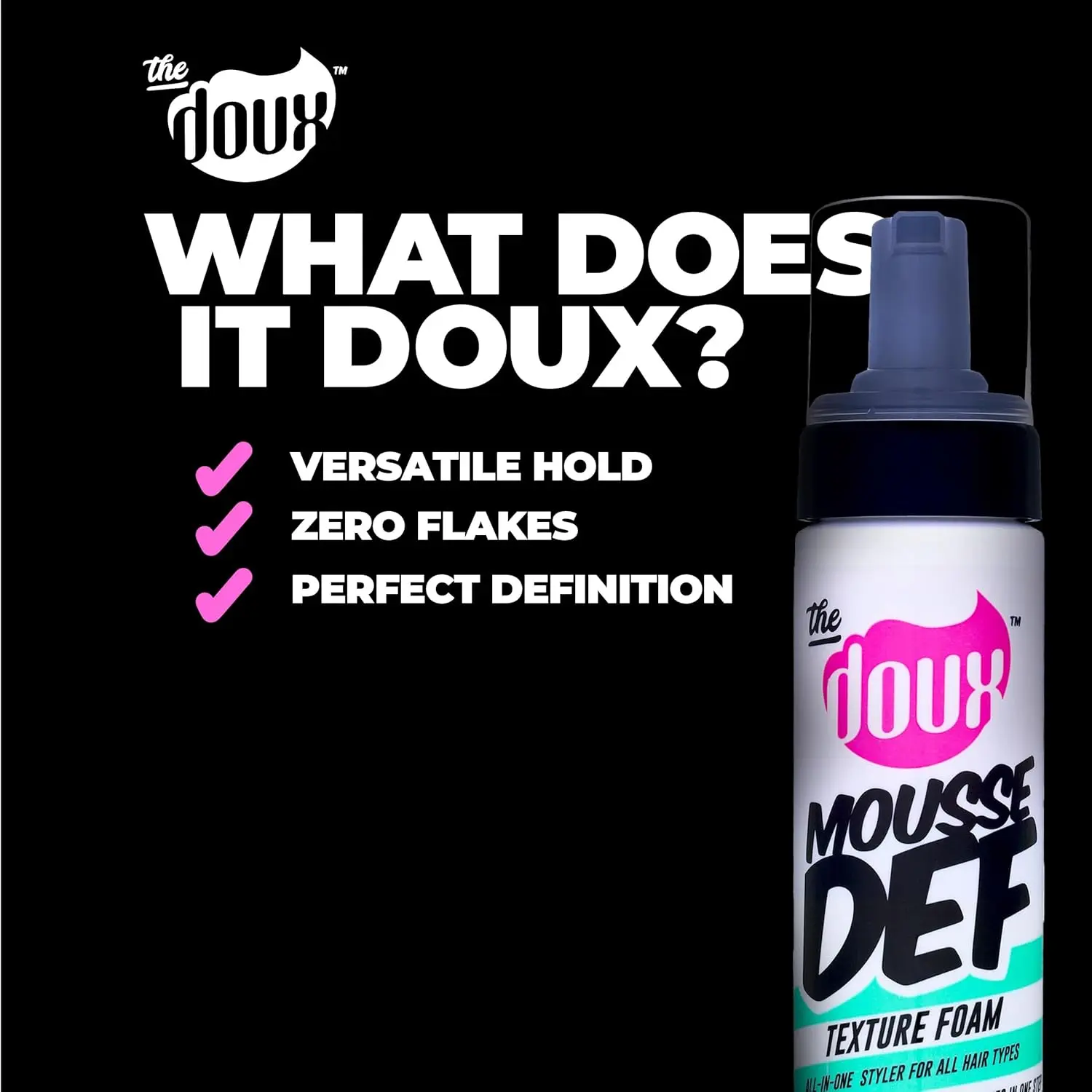 The Doux multi-use mousse defines, styles, and conditions natural and African hair, adding volume and shine without stiffness or frizz.
