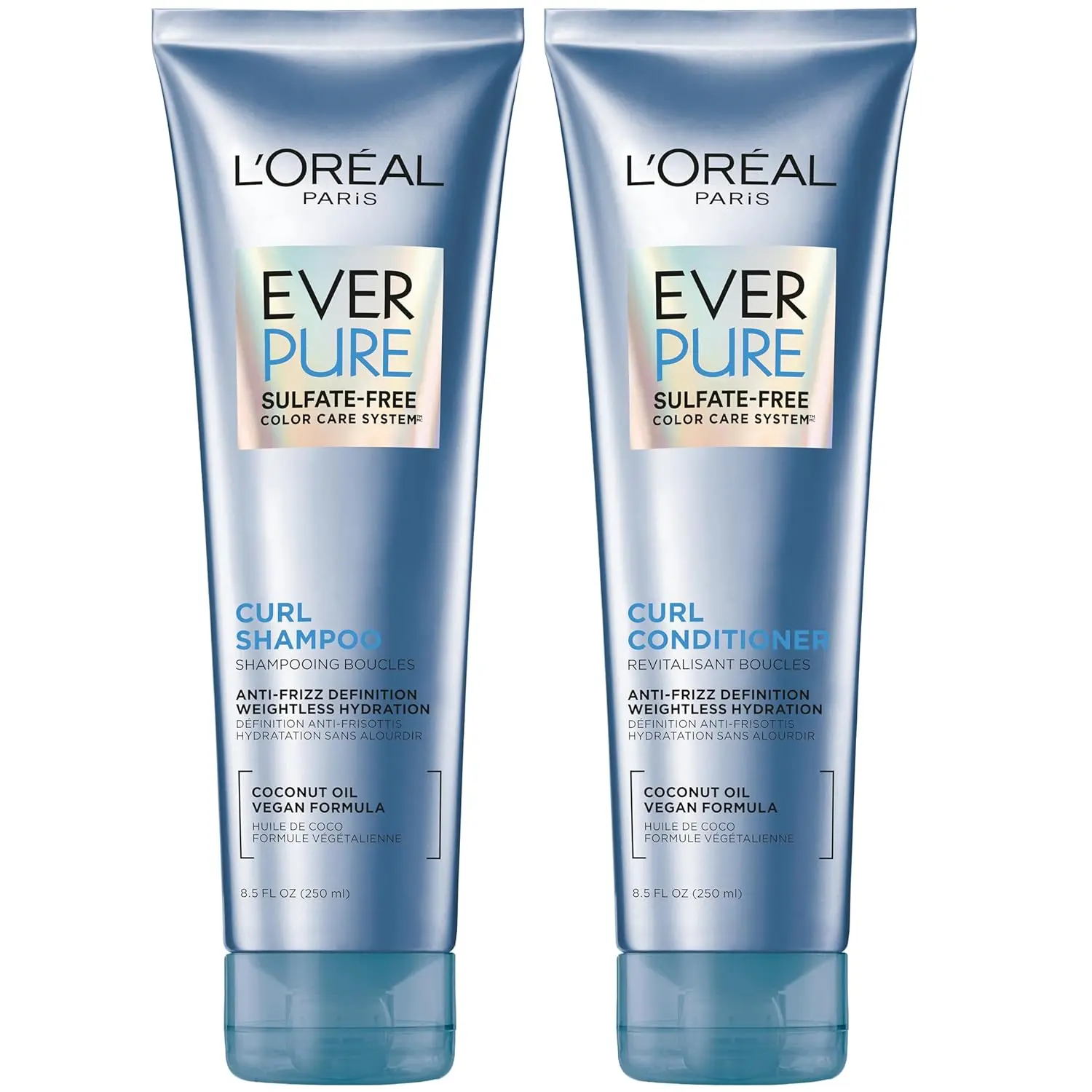 L'Oreal Paris EverPure Hydracharge shampoo and conditioner set formulated for curly hair with coconut oil to deliver lightweight, anti-frizz hydration and lasting moisture.