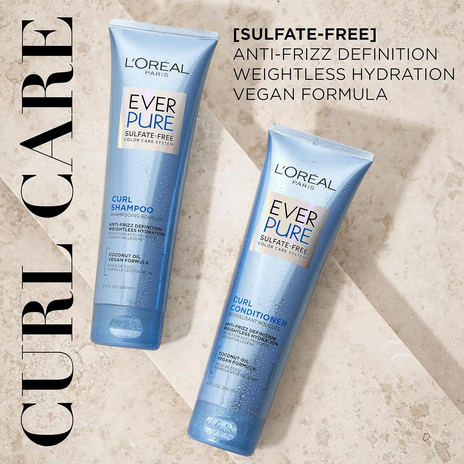 L'Oreal Paris EverPure Hydracharge shampoo and conditioner set formulated for curly hair with coconut oil to deliver lightweight, anti-frizz hydration and lasting moisture.