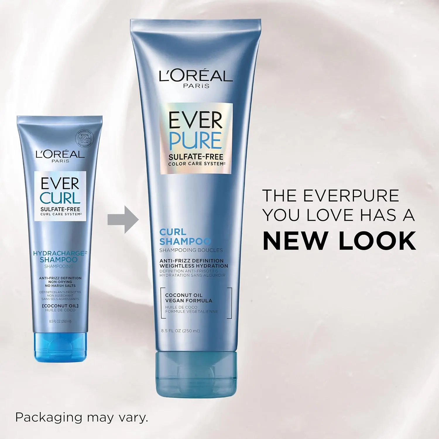 L'Oreal Paris EverPure Hydracharge shampoo and conditioner set formulated for curly hair with coconut oil to deliver lightweight, anti-frizz hydration and lasting moisture.