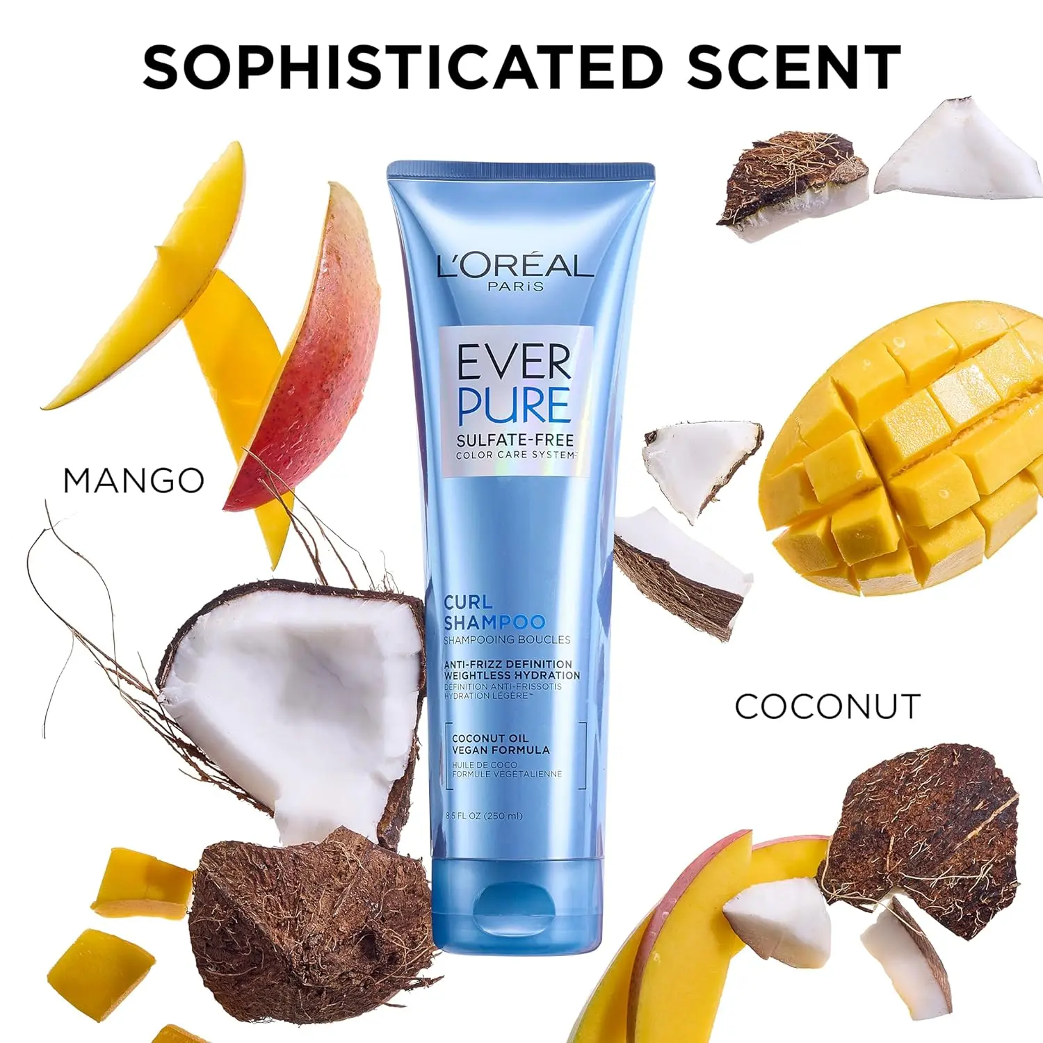 L'Oreal Paris EverPure Hydracharge shampoo and conditioner set formulated for curly hair with coconut oil to deliver lightweight, anti-frizz hydration and lasting moisture.