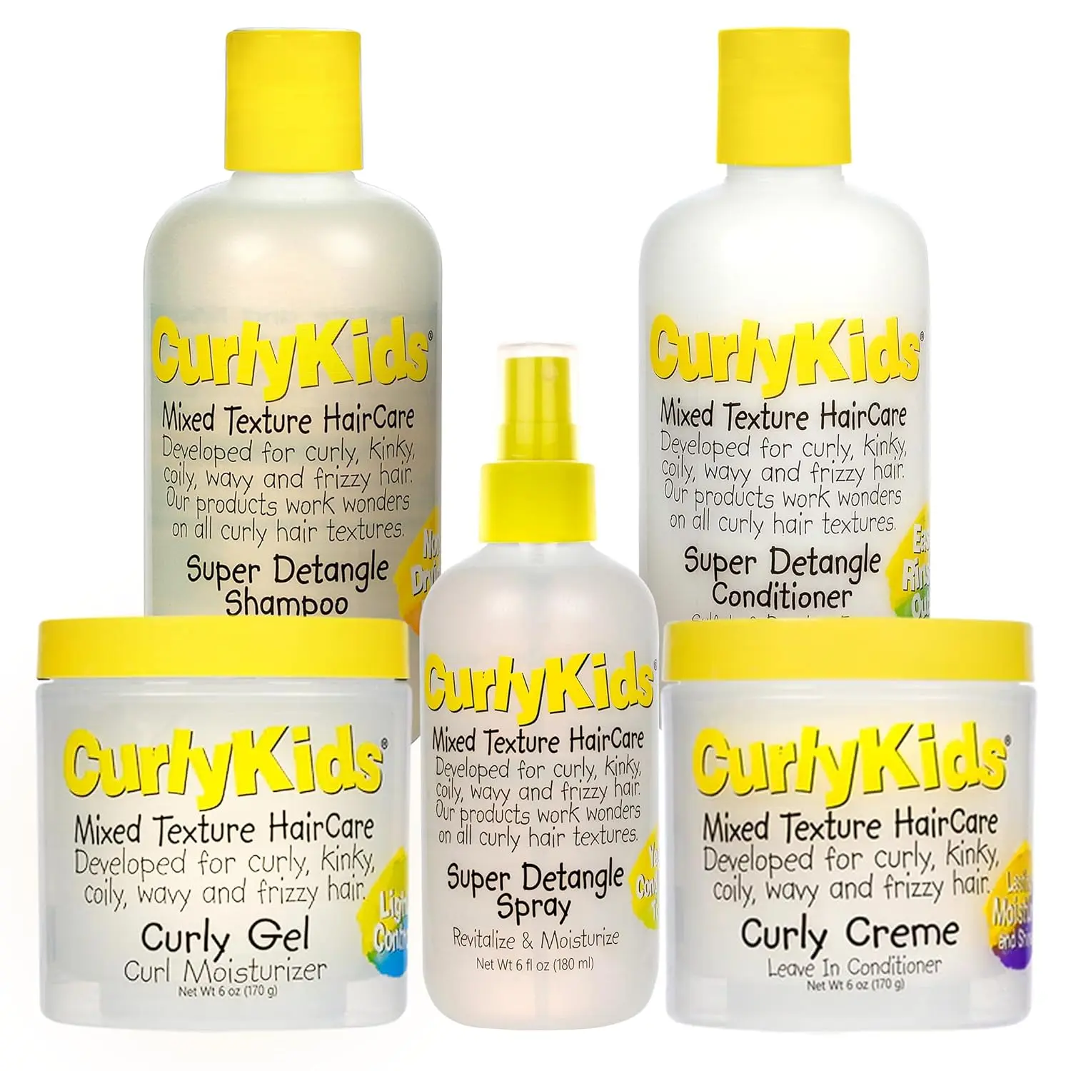 CurlyKids detangler bundle including shampoo, conditioner, hair cream, gel, and hair spray designed to effortlessly detangle, moisturize, and add shine to kids' curly hair while reducing breakage.