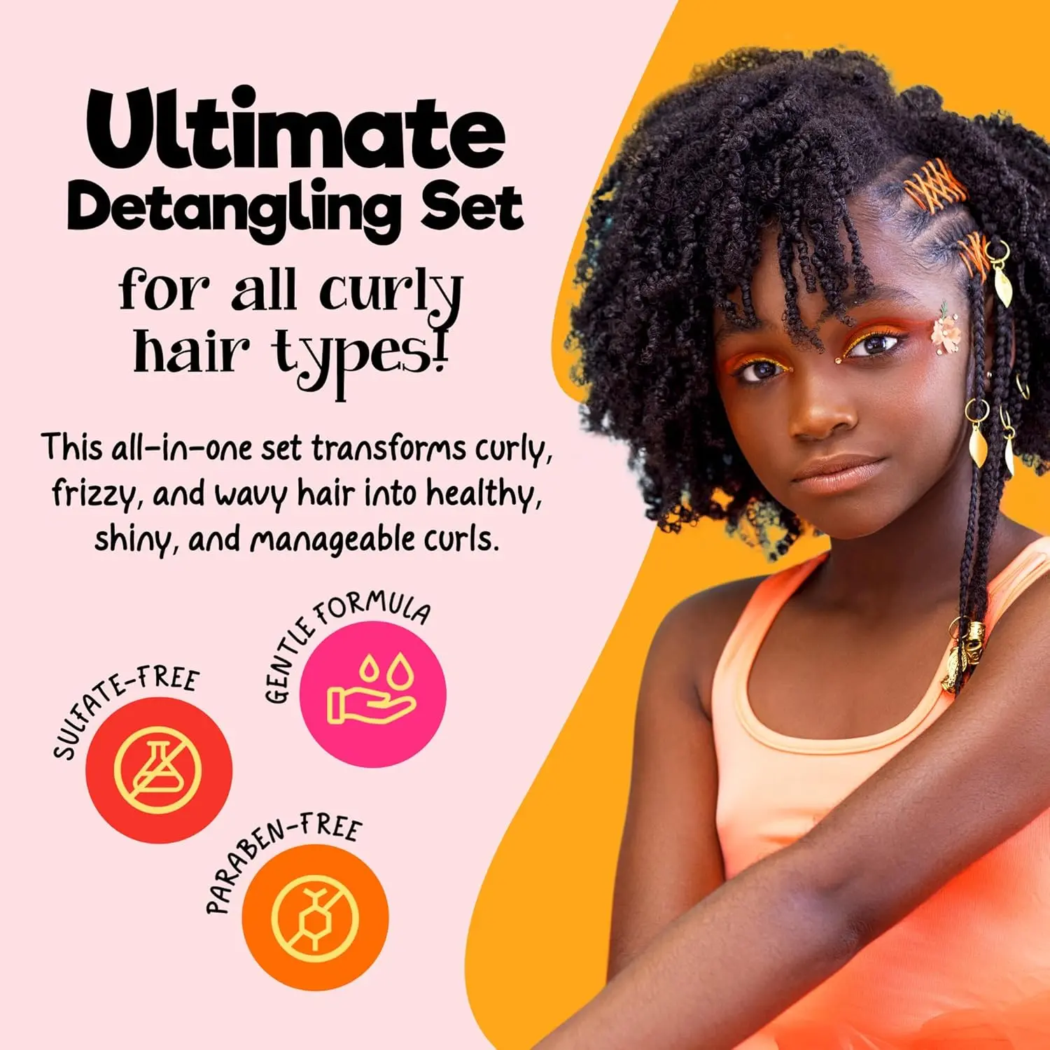 CurlyKids detangler bundle including shampoo, conditioner, hair cream, gel, and hair spray designed to effortlessly detangle, moisturize, and add shine to kids' curly hair while reducing breakage.