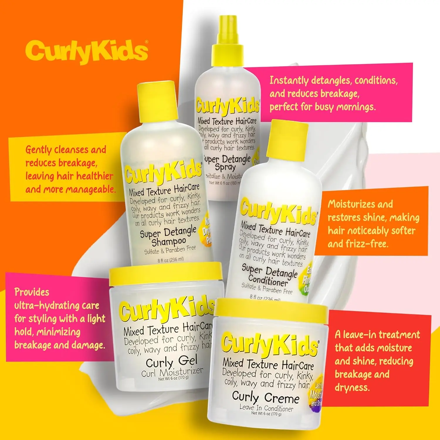 CurlyKids detangler bundle including shampoo, conditioner, hair cream, gel, and hair spray designed to effortlessly detangle, moisturize, and add shine to kids' curly hair while reducing breakage.