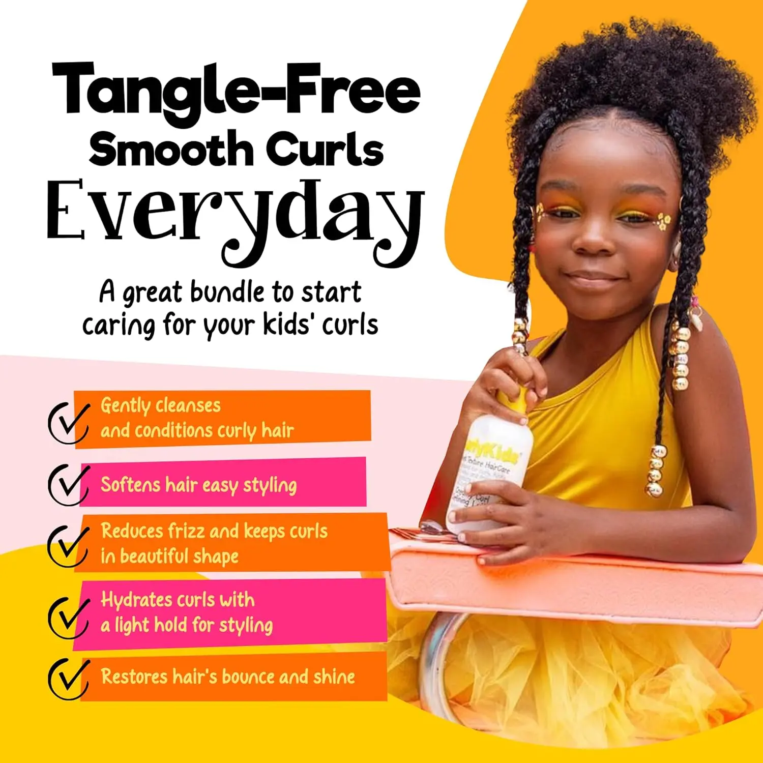 CurlyKids detangler bundle including shampoo, conditioner, hair cream, gel, and hair spray designed to effortlessly detangle, moisturize, and add shine to kids' curly hair while reducing breakage.