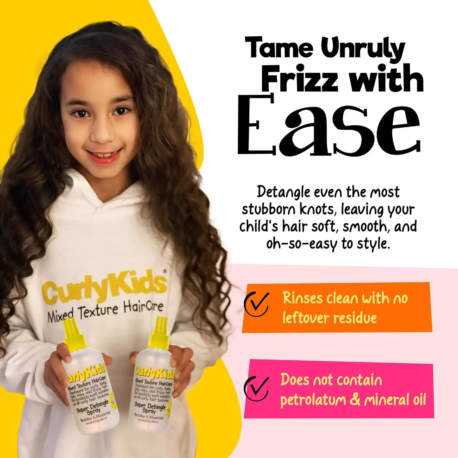 CurlyKids detangler bundle including shampoo, conditioner, hair cream, gel, and hair spray designed to effortlessly detangle, moisturize, and add shine to kids' curly hair while reducing breakage.