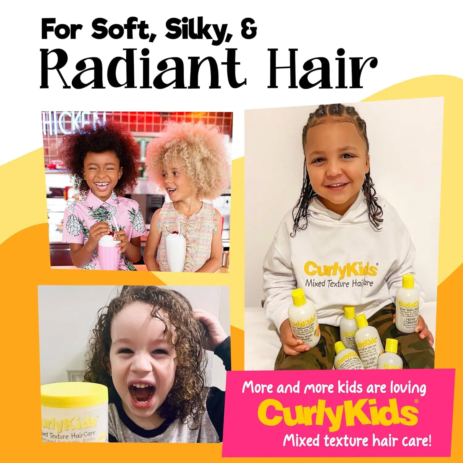 CurlyKids detangler bundle including shampoo, conditioner, hair cream, gel, and hair spray designed to effortlessly detangle, moisturize, and add shine to kids' curly hair while reducing breakage.