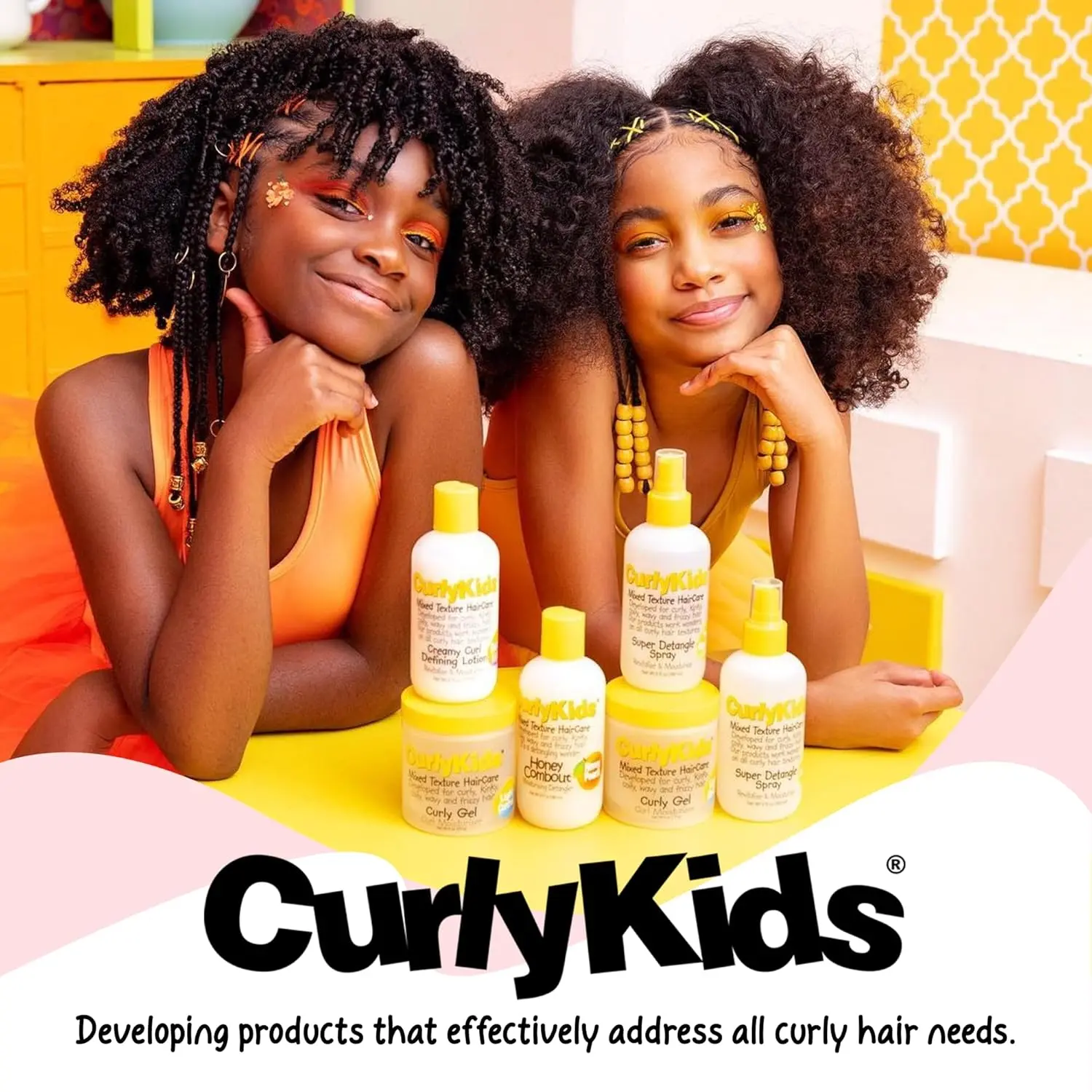 CurlyKids detangler bundle including shampoo, conditioner, hair cream, gel, and hair spray designed to effortlessly detangle, moisturize, and add shine to kids' curly hair while reducing breakage.